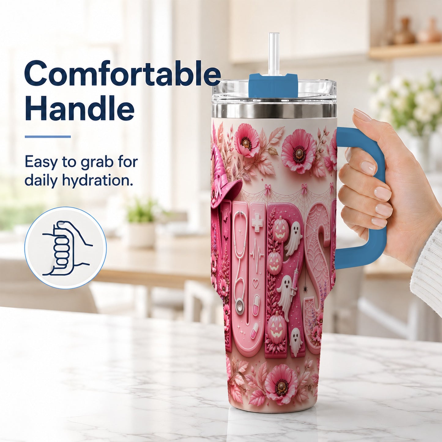 #pl[40oz|Blue] Pink Ribbon Nurse Halloween 40oz Tumbler, Stainless Steel Travel Cup