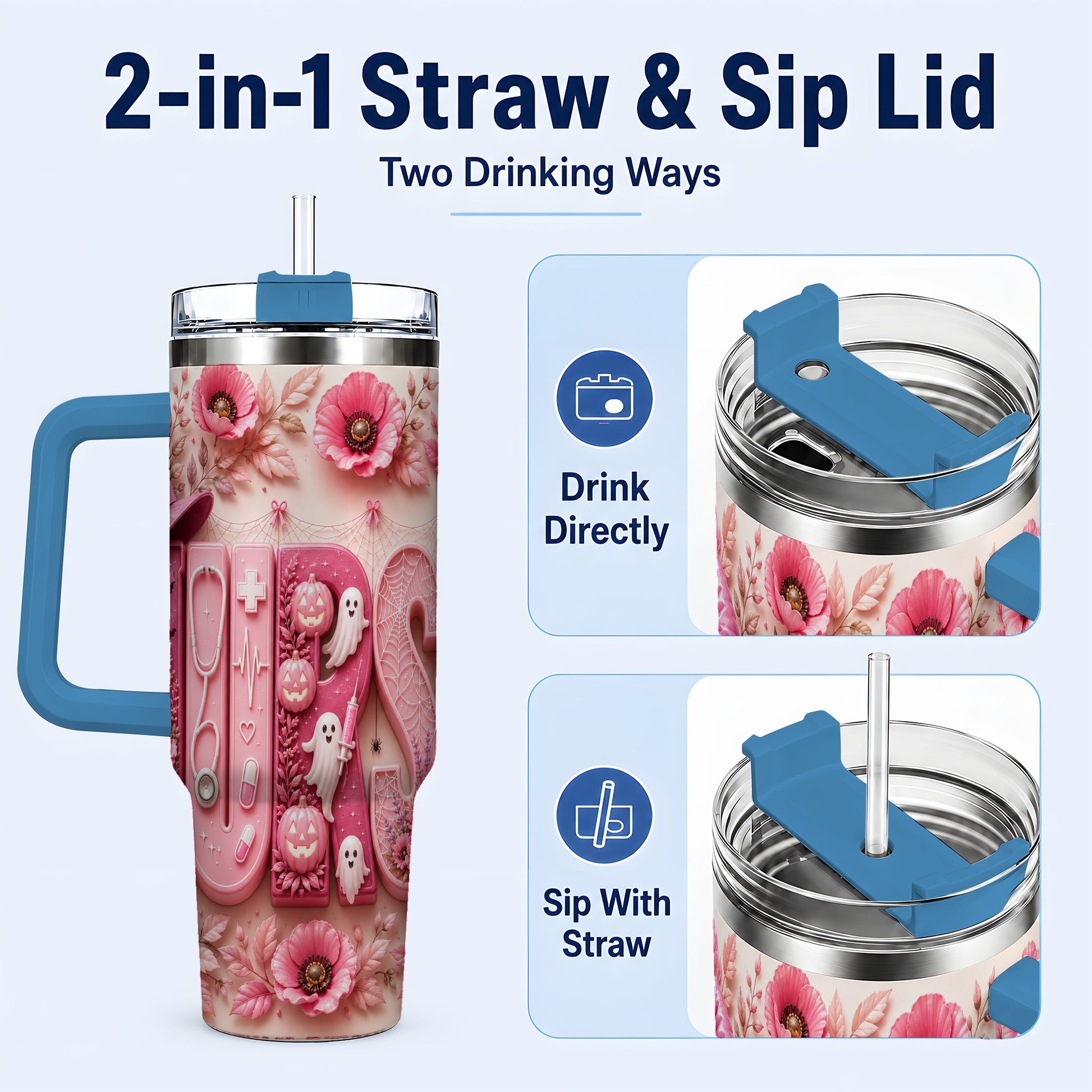 #pl[40oz|Blue] Pink Ribbon Nurse Halloween 40oz Tumbler, Stainless Steel Travel Cup