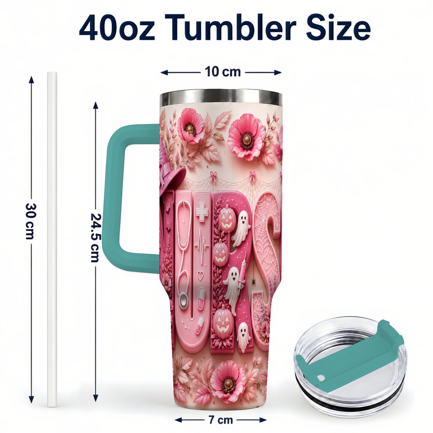 #pl[40oz|Green] Pink Ribbon Nurse Halloween 40oz Tumbler, Stainless Steel Travel Cup