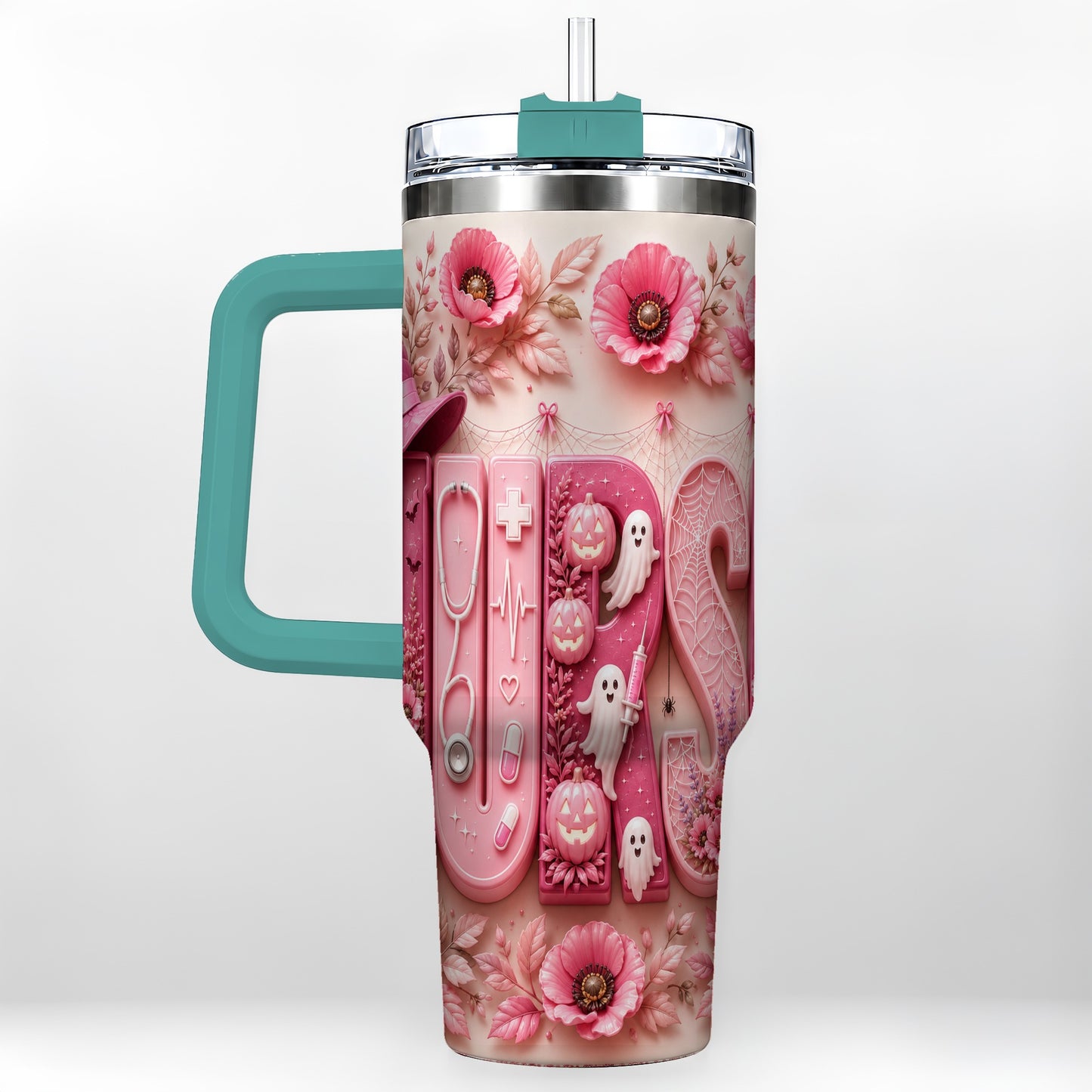 #pl[40oz|Green] Pink Ribbon Nurse Halloween 40oz Tumbler, Stainless Steel Travel Cup