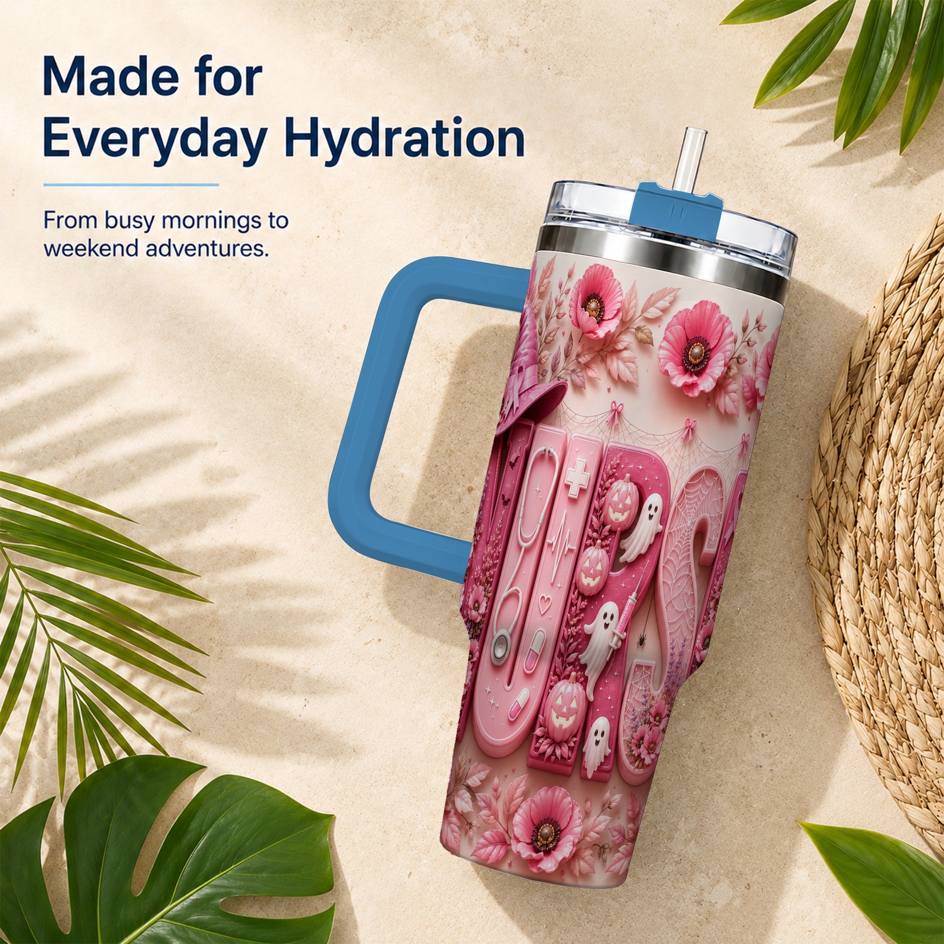 #pl[40oz|Blue] Pink Ribbon Nurse Halloween 40oz Tumbler, Stainless Steel Travel Cup