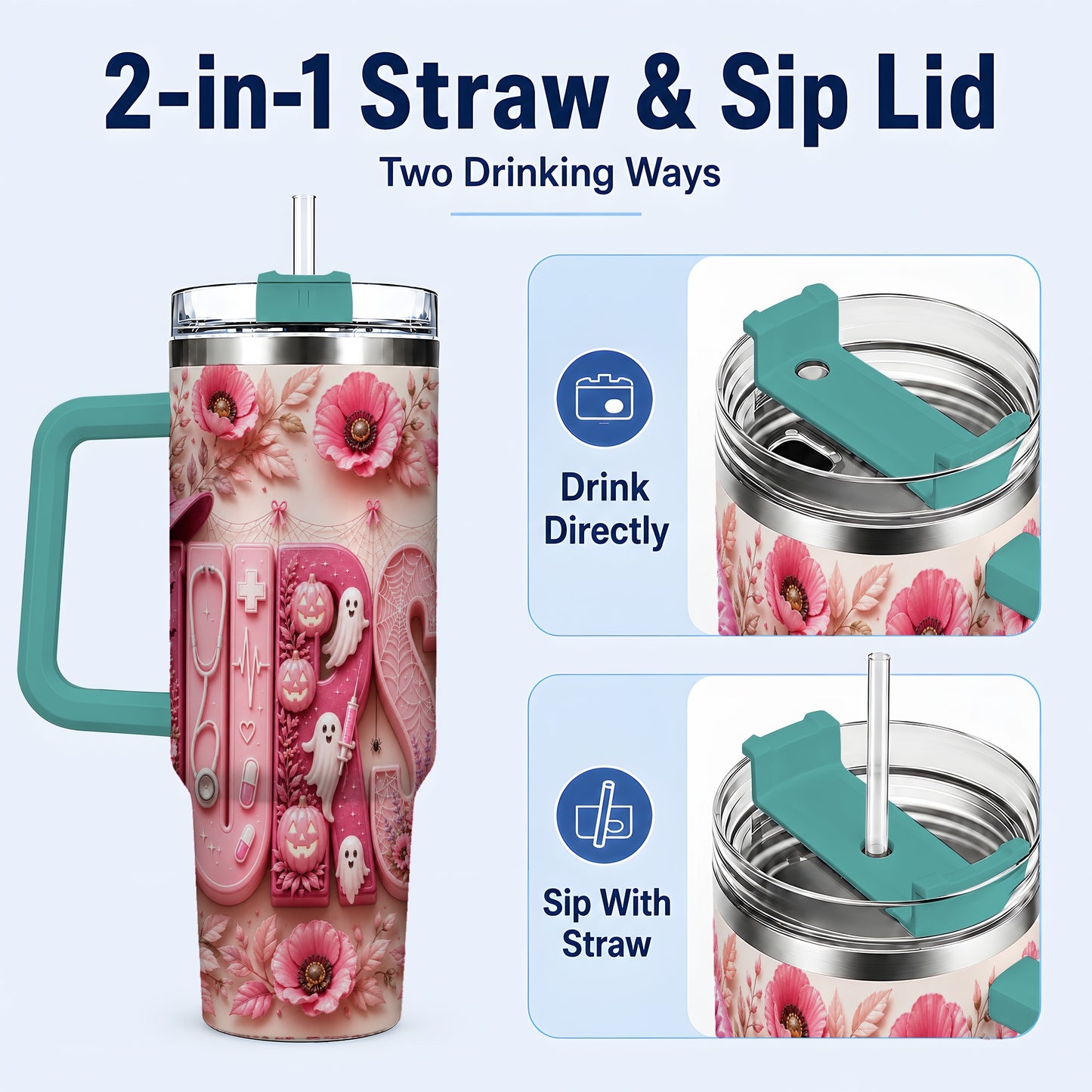 #pl[40oz|Green] Pink Ribbon Nurse Halloween 40oz Tumbler, Stainless Steel Travel Cup