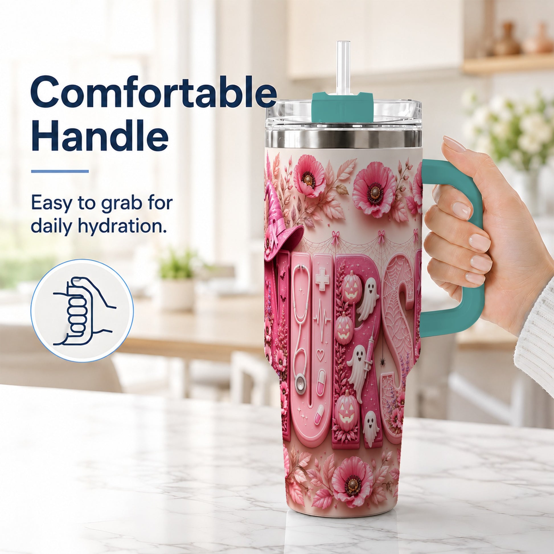 #pl[40oz|Green] Pink Ribbon Nurse Halloween 40oz Tumbler, Stainless Steel Travel Cup