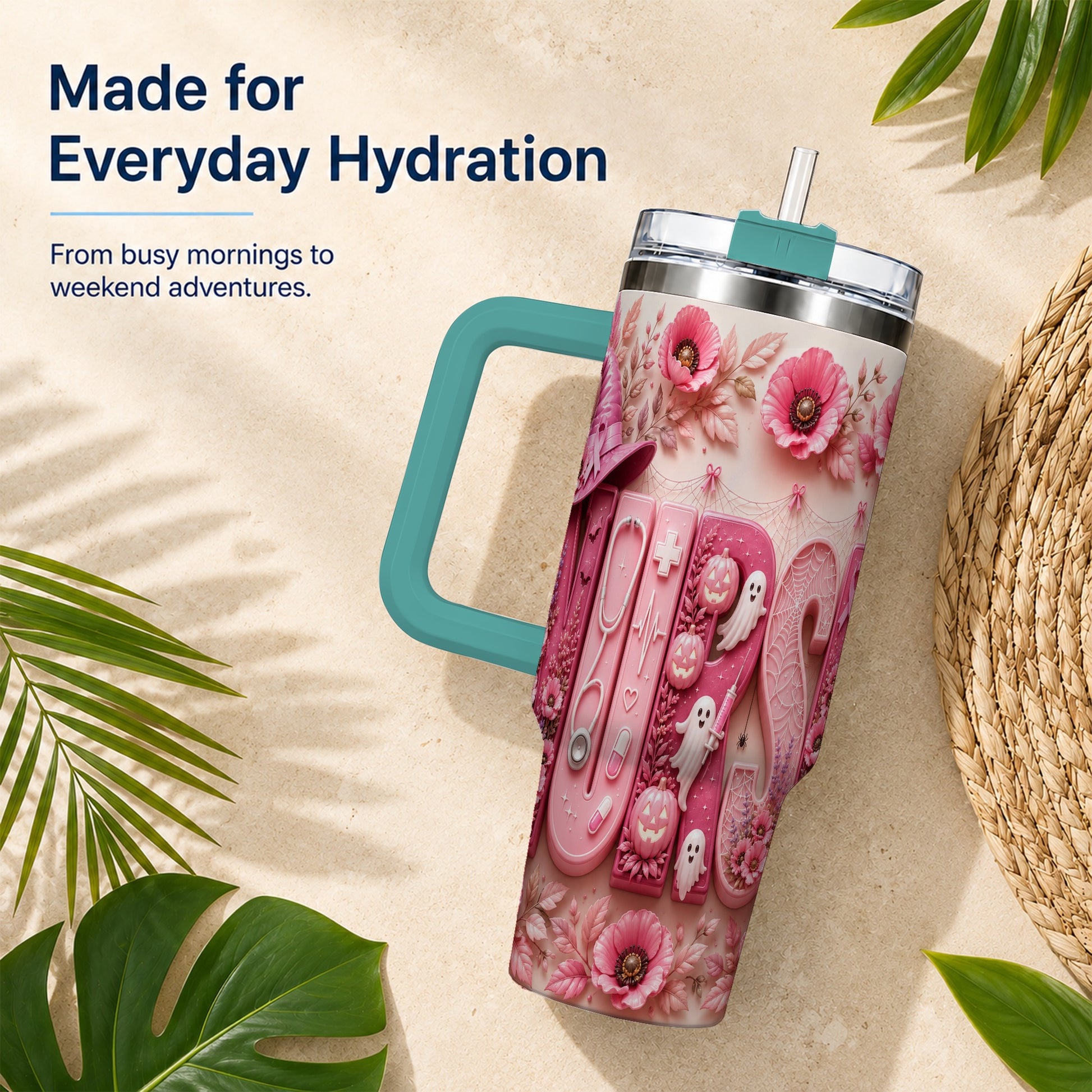 #pl[40oz|Green] Pink Ribbon Nurse Halloween 40oz Tumbler, Stainless Steel Travel Cup