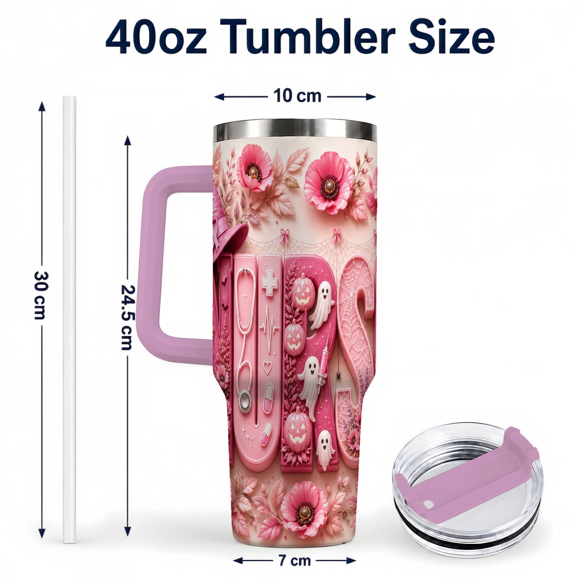 #pl[40oz|Pink] Pink Ribbon Nurse Halloween 40oz Tumbler, Stainless Steel Travel Cup