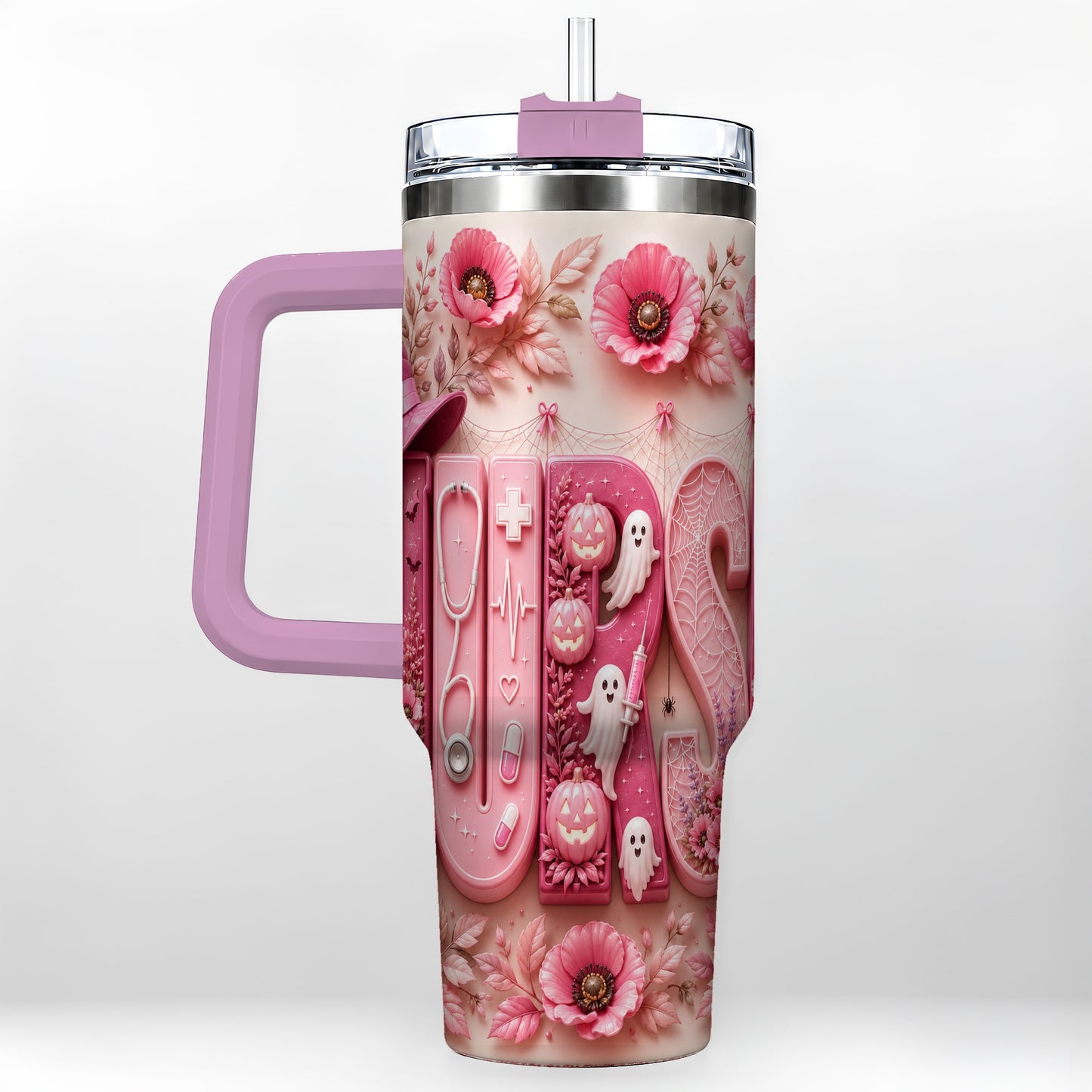 #pl[40oz|Pink] Pink Ribbon Nurse Halloween 40oz Tumbler, Stainless Steel Travel Cup