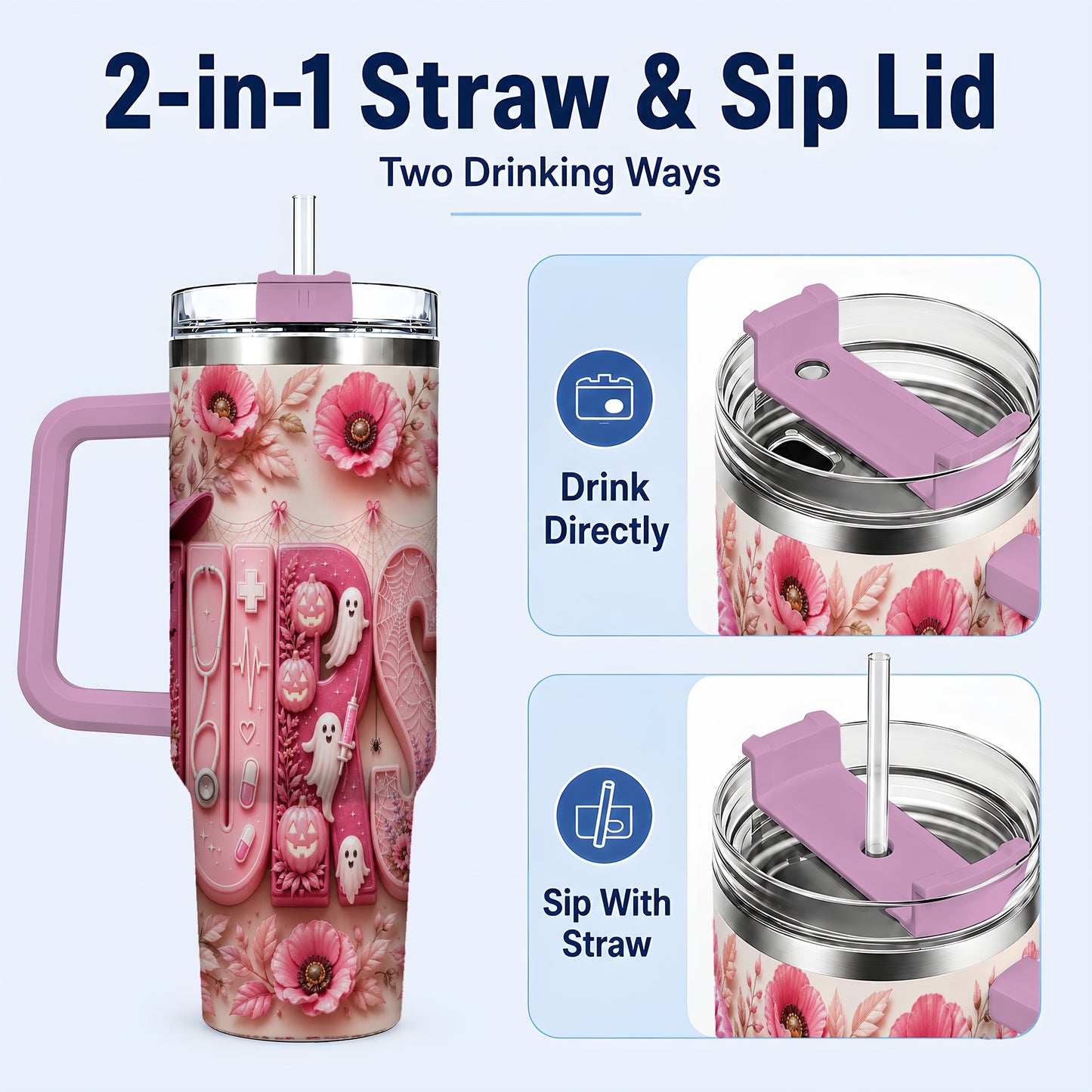 #pl[40oz|Pink] Pink Ribbon Nurse Halloween 40oz Tumbler, Stainless Steel Travel Cup
