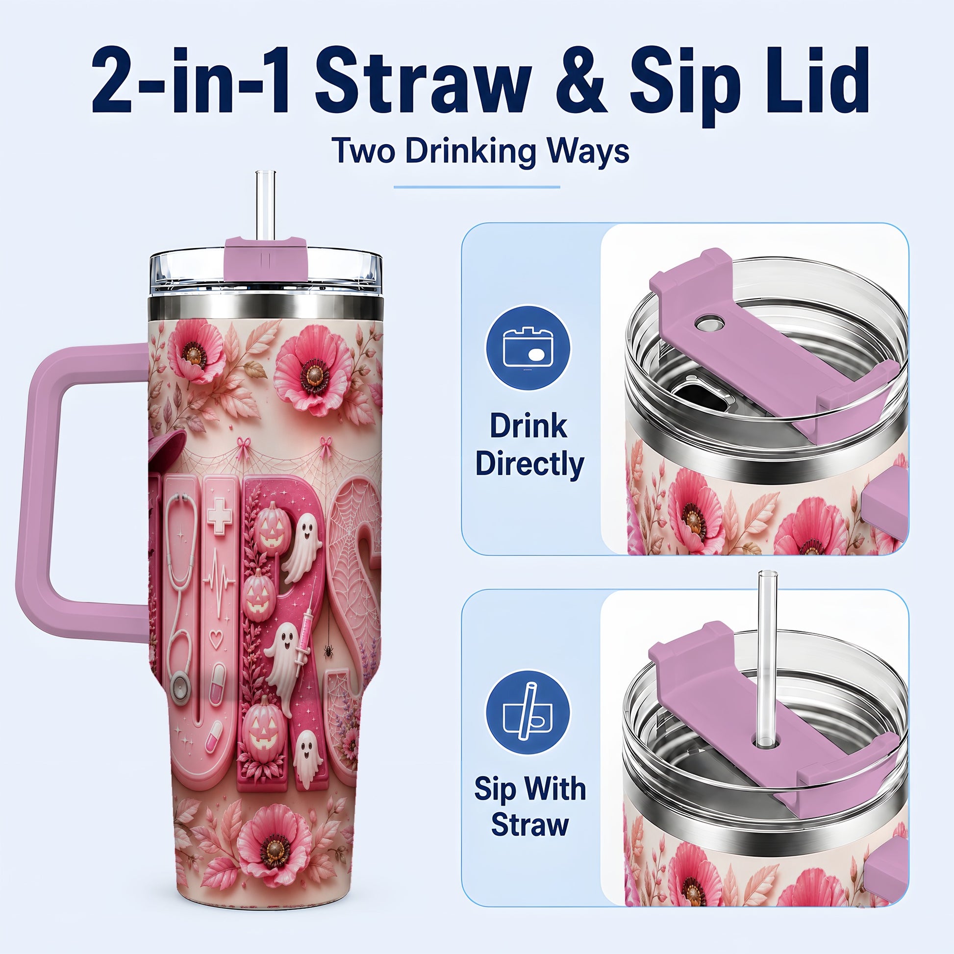 #pl[40oz|Pink] Pink Ribbon Nurse Halloween 40oz Tumbler, Stainless Steel Travel Cup