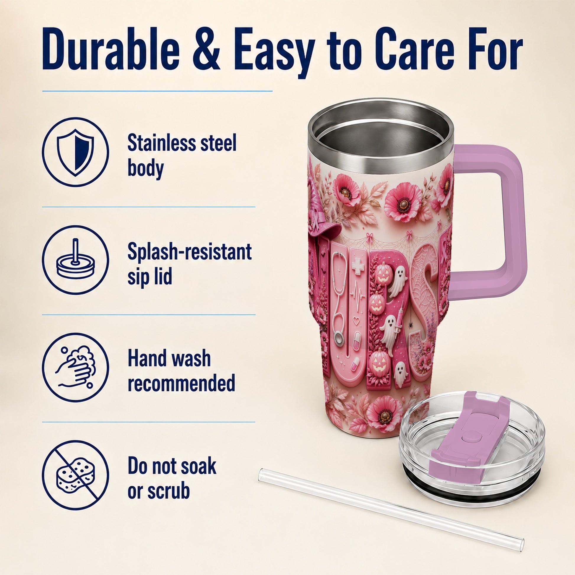 #pl[40oz|Pink] Pink Ribbon Nurse Halloween 40oz Tumbler, Stainless Steel Travel Cup