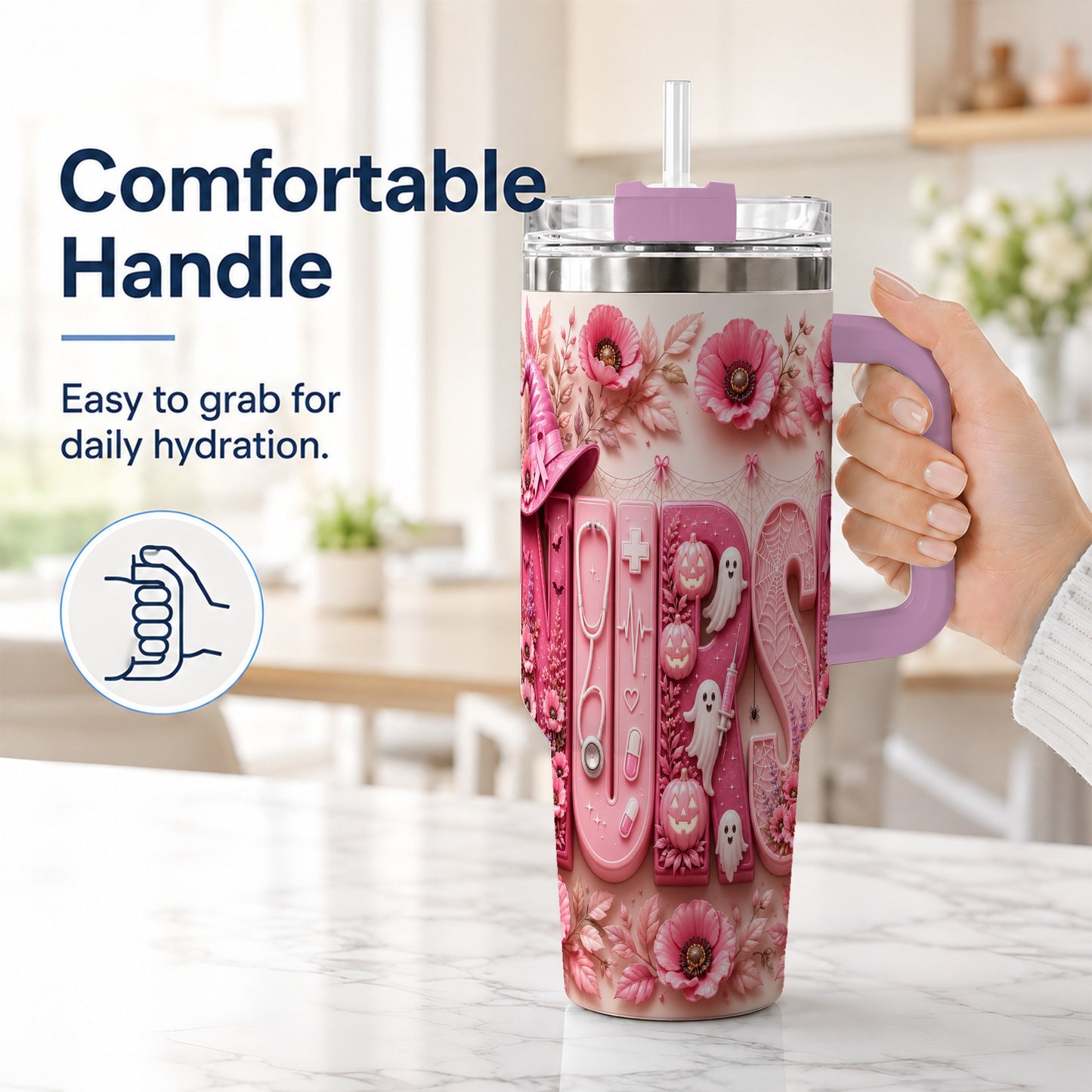#pl[40oz|Pink] Pink Ribbon Nurse Halloween 40oz Tumbler, Stainless Steel Travel Cup