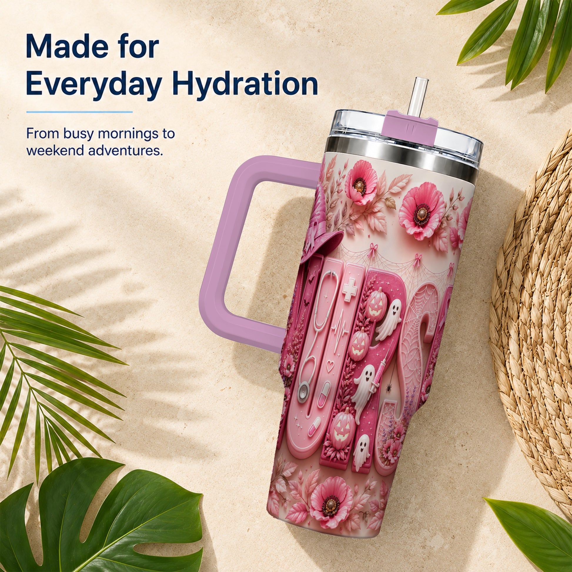#pl[40oz|Pink] Pink Ribbon Nurse Halloween 40oz Tumbler, Stainless Steel Travel Cup