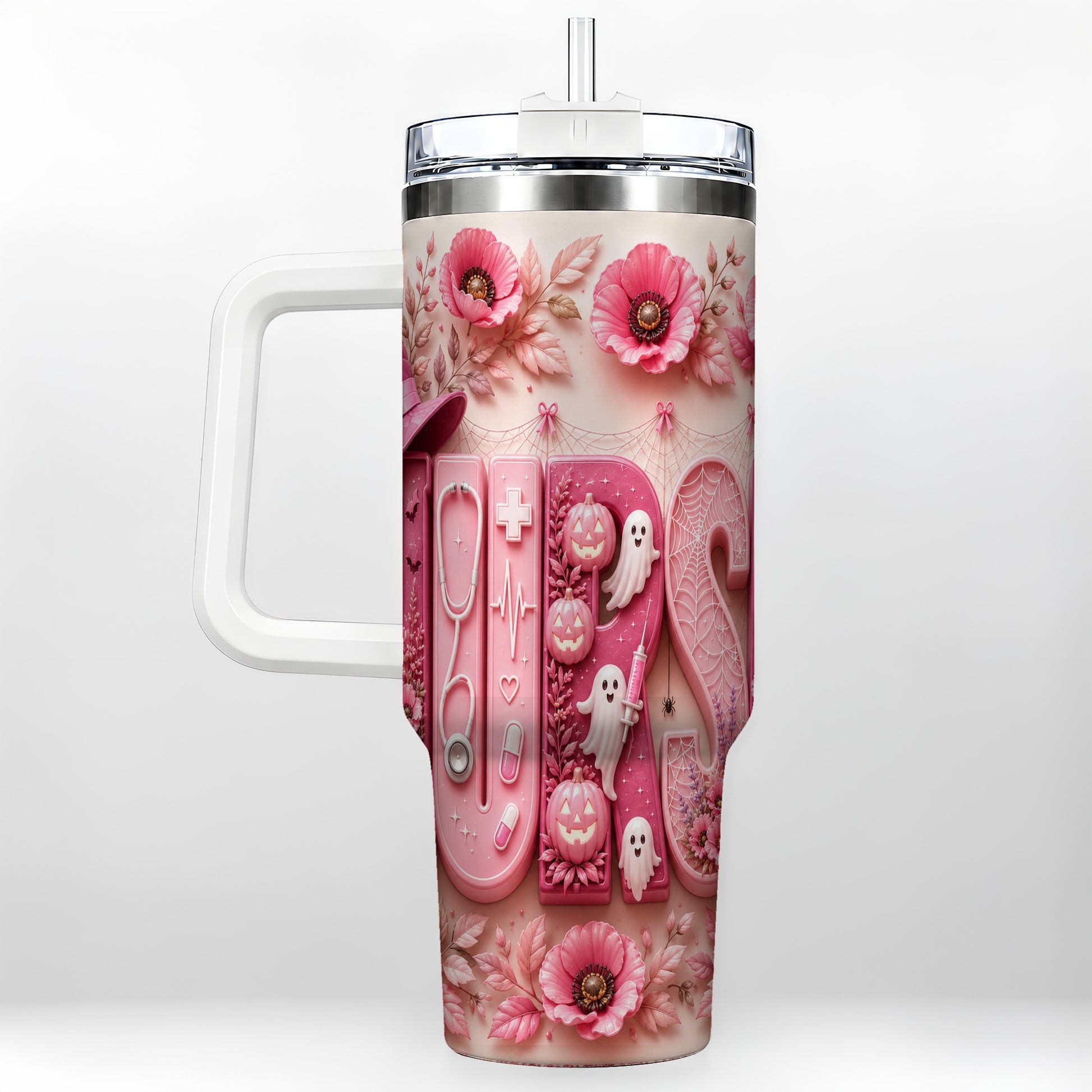 #pl[40oz|White] Pink Ribbon Nurse Halloween 40oz Tumbler, Stainless Steel Travel Cup