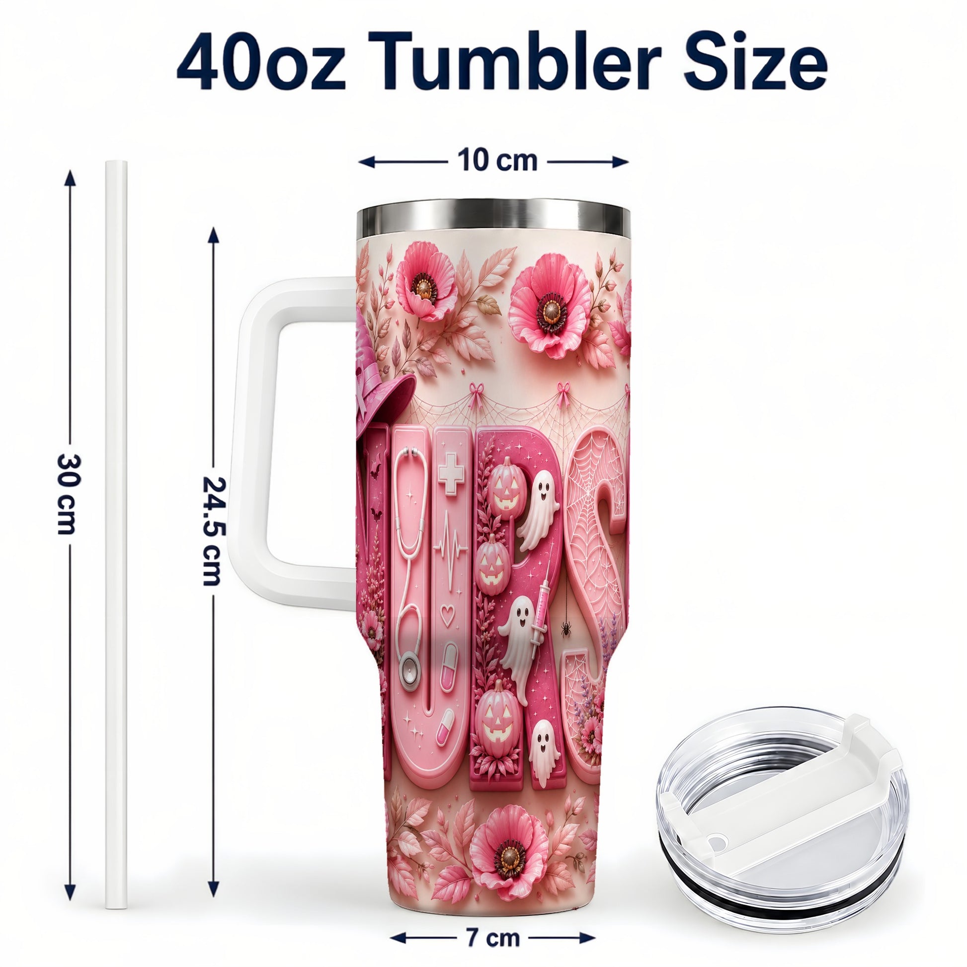 #pl[40oz|White] Pink Ribbon Nurse Halloween 40oz Tumbler, Stainless Steel Travel Cup