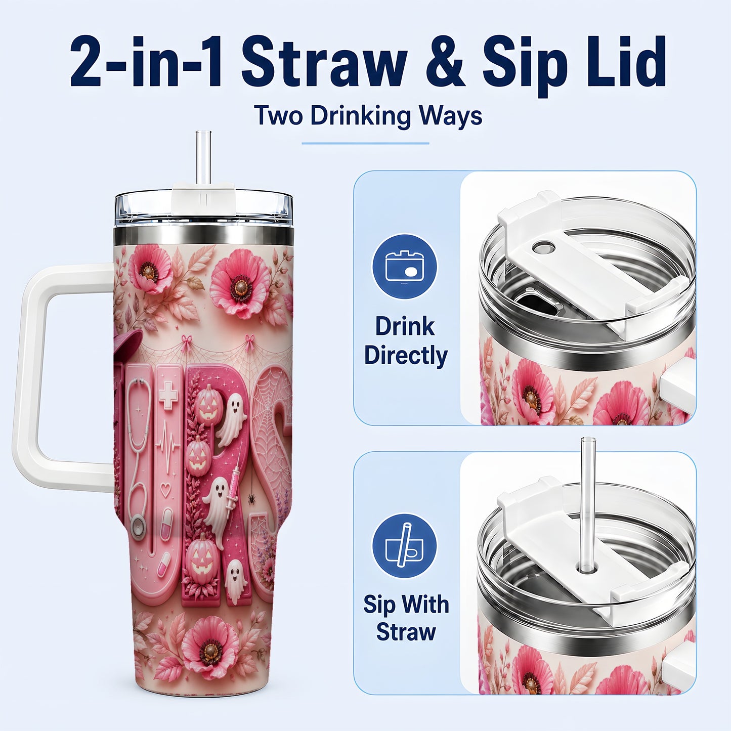 #pl[40oz|White] Pink Ribbon Nurse Halloween 40oz Tumbler, Stainless Steel Travel Cup