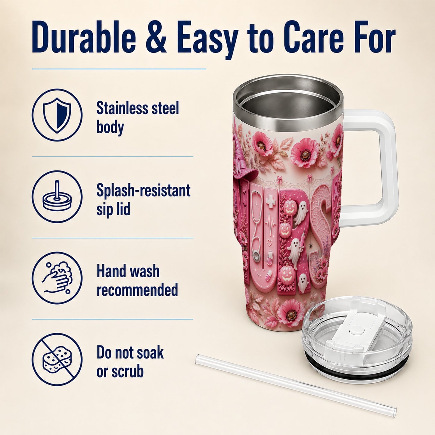 #pl[40oz|White] Pink Ribbon Nurse Halloween 40oz Tumbler, Stainless Steel Travel Cup