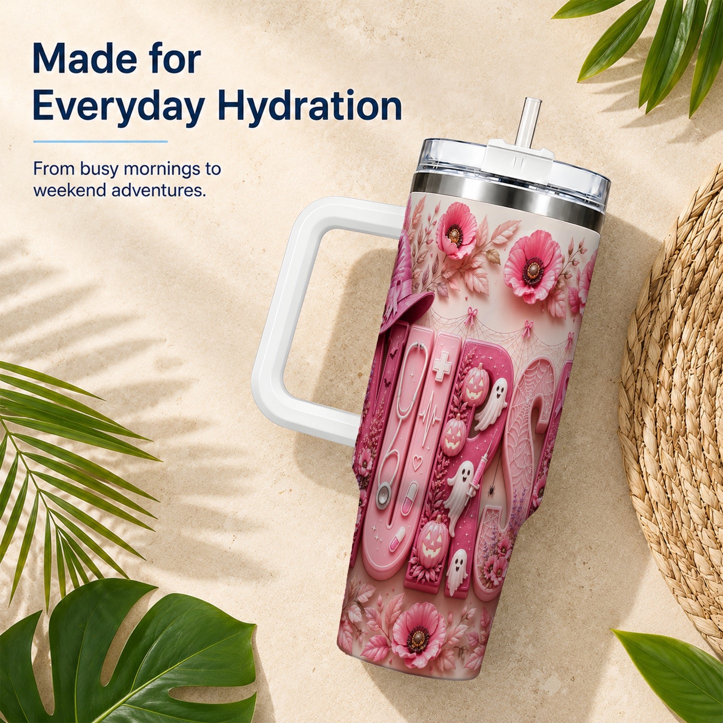 #pl[40oz|White] Pink Ribbon Nurse Halloween 40oz Tumbler, Stainless Steel Travel Cup
