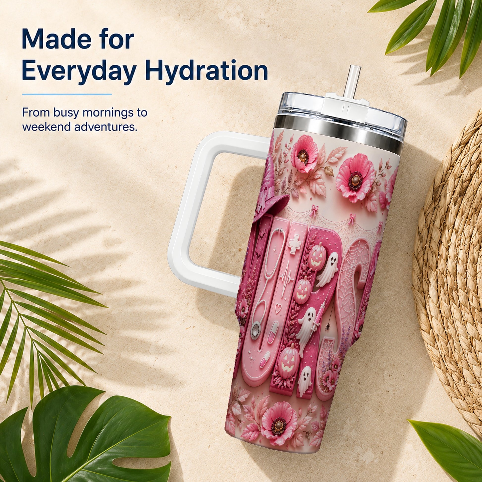 #pl[40oz|White] Pink Ribbon Nurse Halloween 40oz Tumbler, Stainless Steel Travel Cup