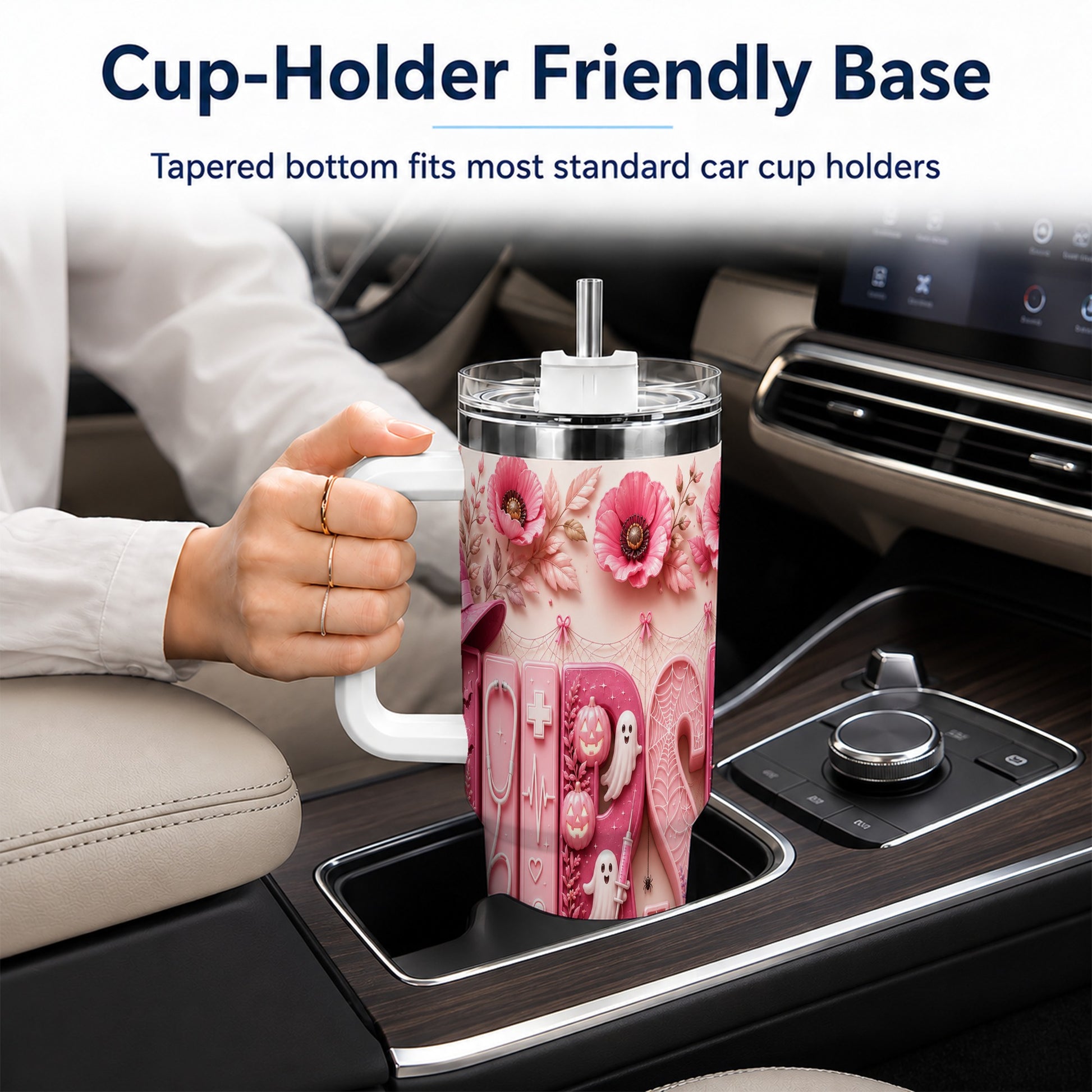 #pl[40oz|White] Pink Ribbon Nurse Halloween 40oz Tumbler, Stainless Steel Travel Cup