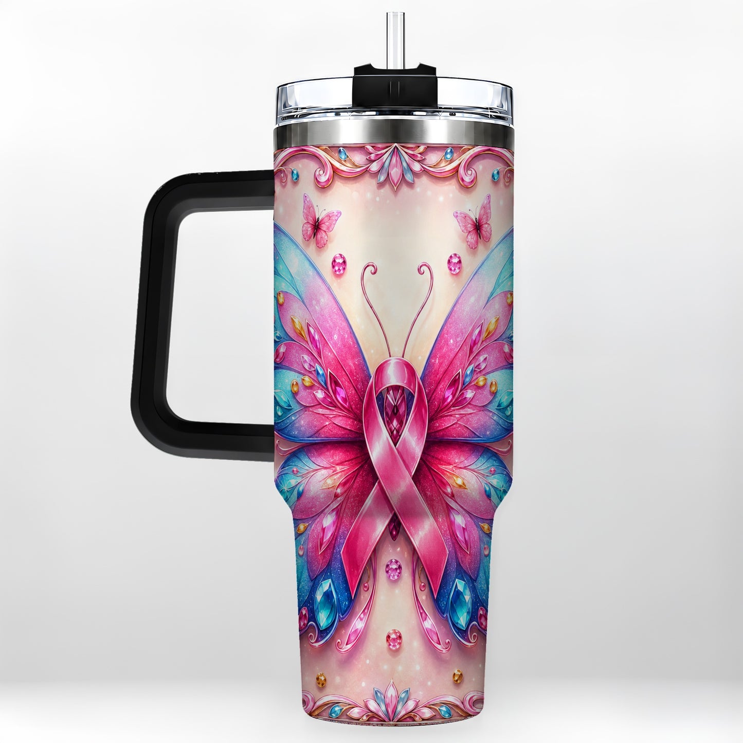 #pl[40oz|Black] Pink Ribbon Butterfly 40oz Tumbler, Stainless Steel Travel Cup