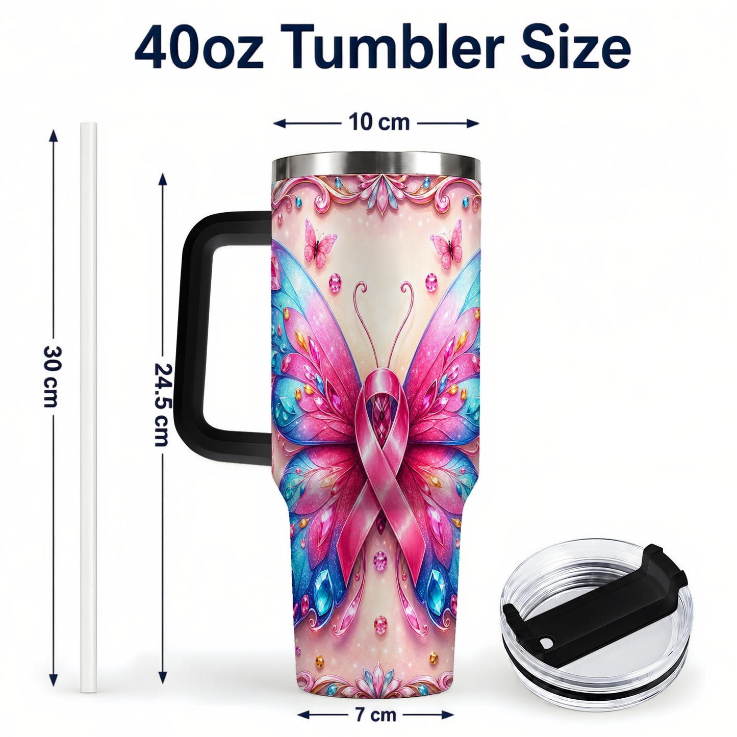 #pl[40oz|Black] Pink Ribbon Butterfly 40oz Tumbler, Stainless Steel Travel Cup