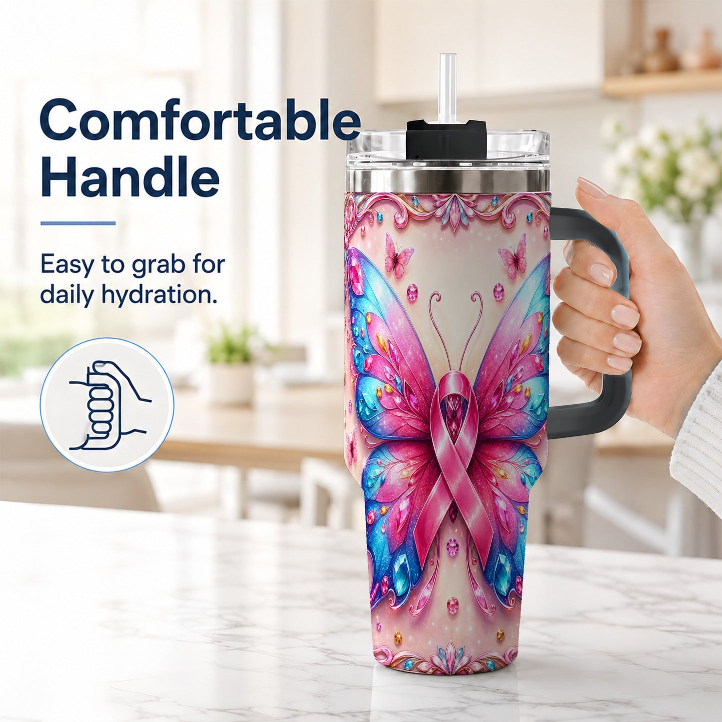 #pl[40oz|Black] Pink Ribbon Butterfly 40oz Tumbler, Stainless Steel Travel Cup