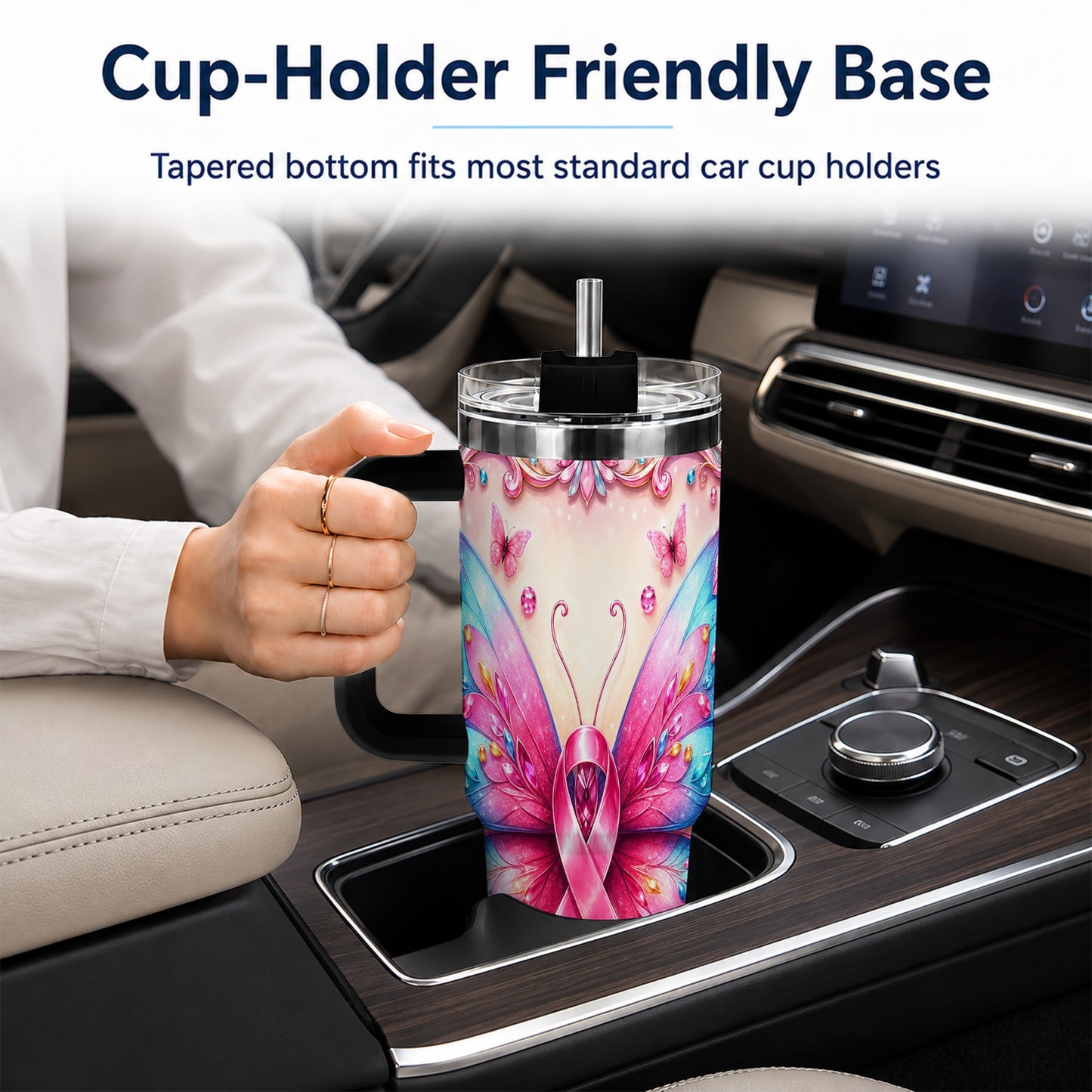 #pl[40oz|Black] Pink Ribbon Butterfly 40oz Tumbler, Stainless Steel Travel Cup
