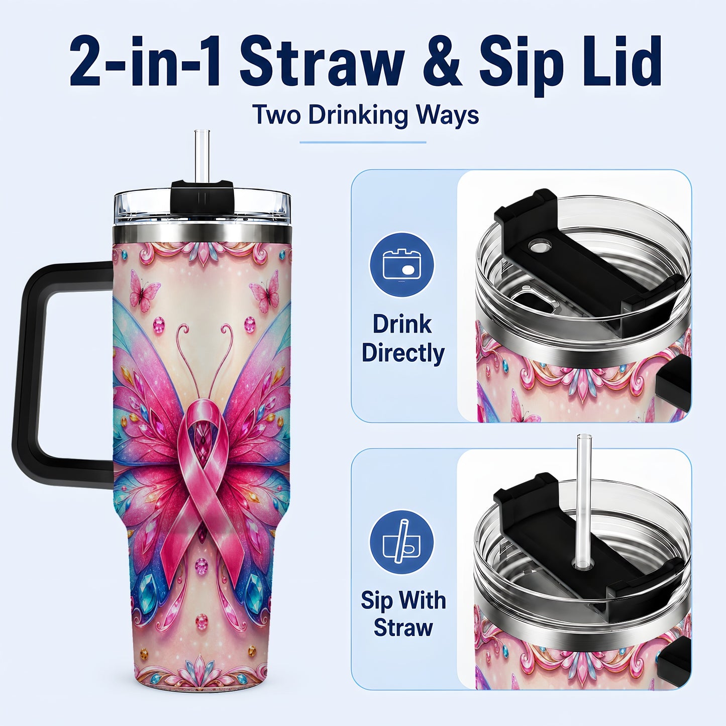 #pl[40oz|Black] Pink Ribbon Butterfly 40oz Tumbler, Stainless Steel Travel Cup