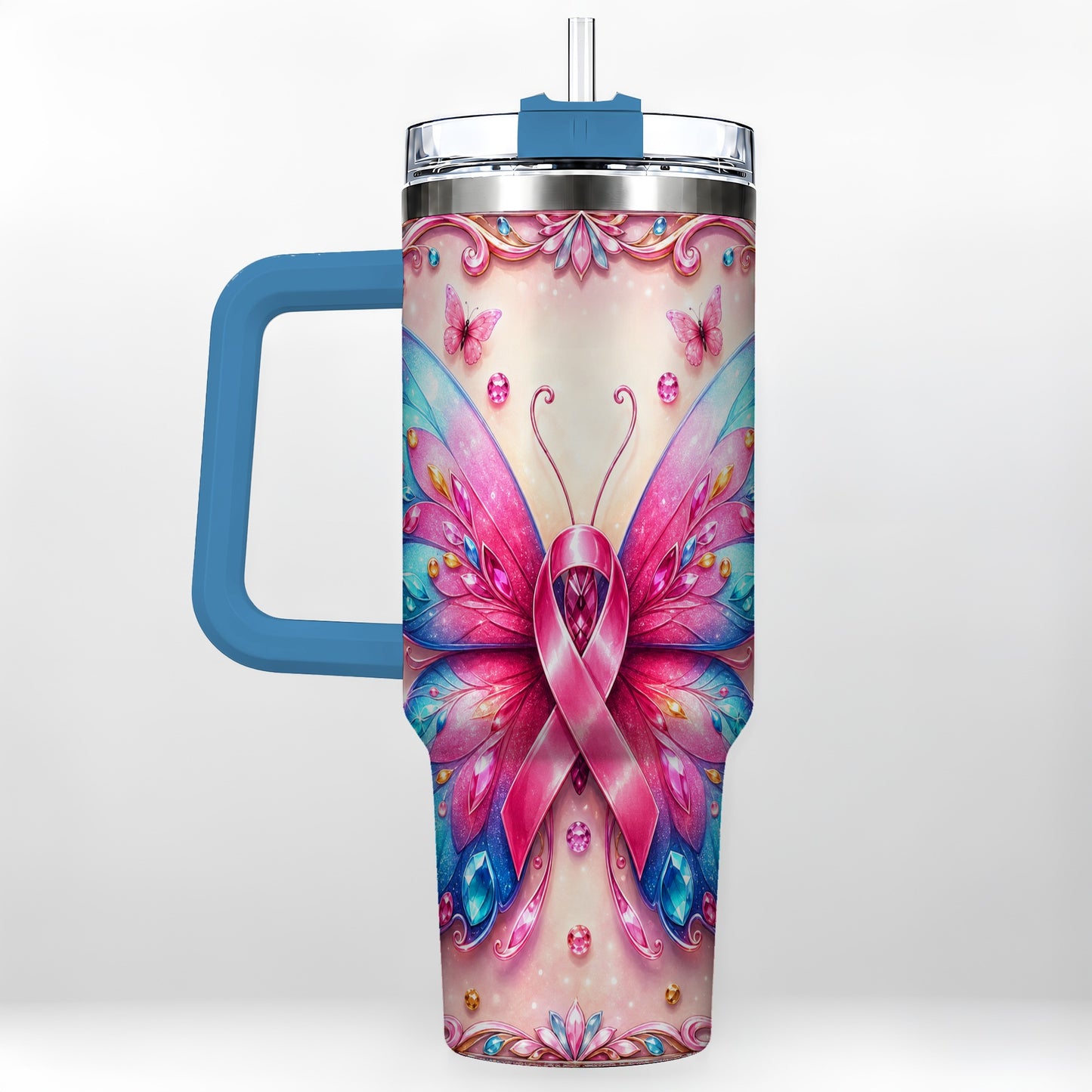 #pl[40oz|Blue] Pink Ribbon Butterfly 40oz Tumbler, Stainless Steel Travel Cup