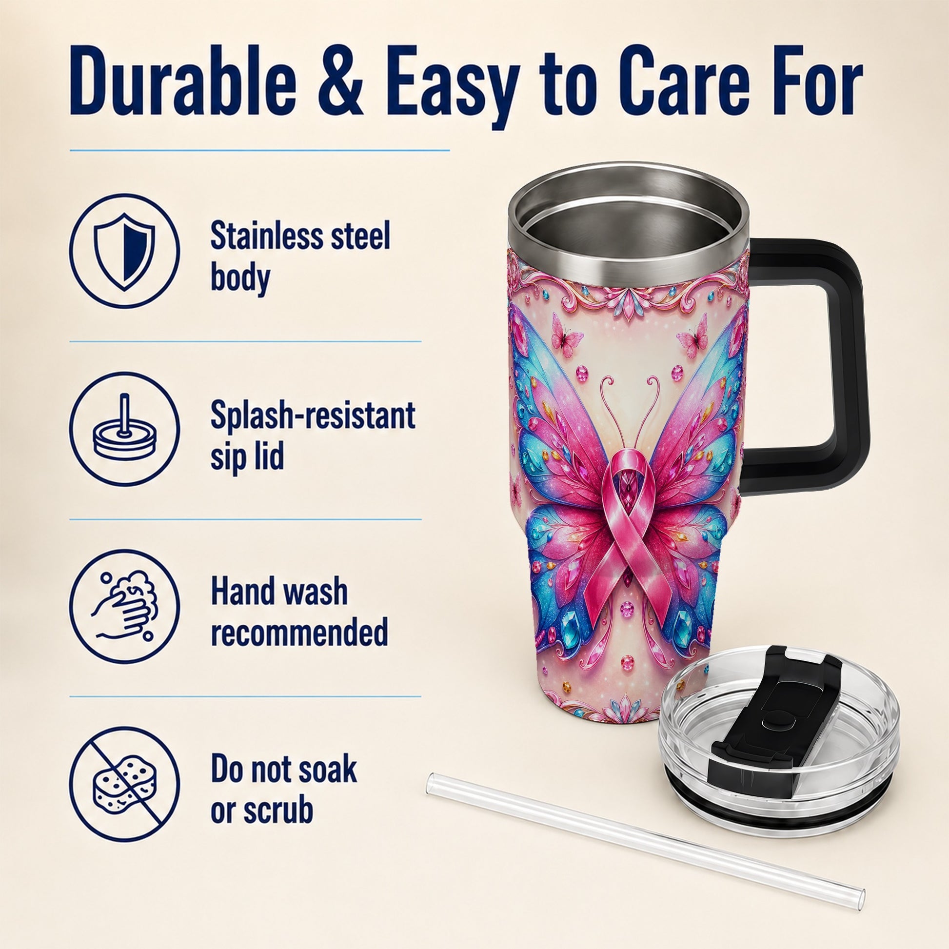 #pl[40oz|Black] Pink Ribbon Butterfly 40oz Tumbler, Stainless Steel Travel Cup