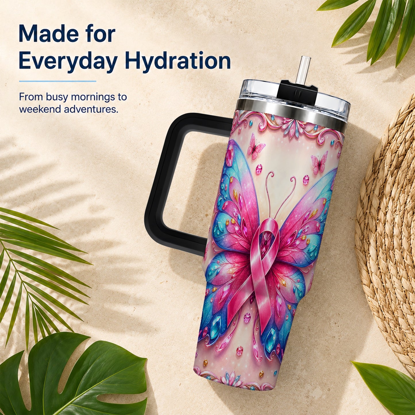 #pl[40oz|Black] Pink Ribbon Butterfly 40oz Tumbler, Stainless Steel Travel Cup