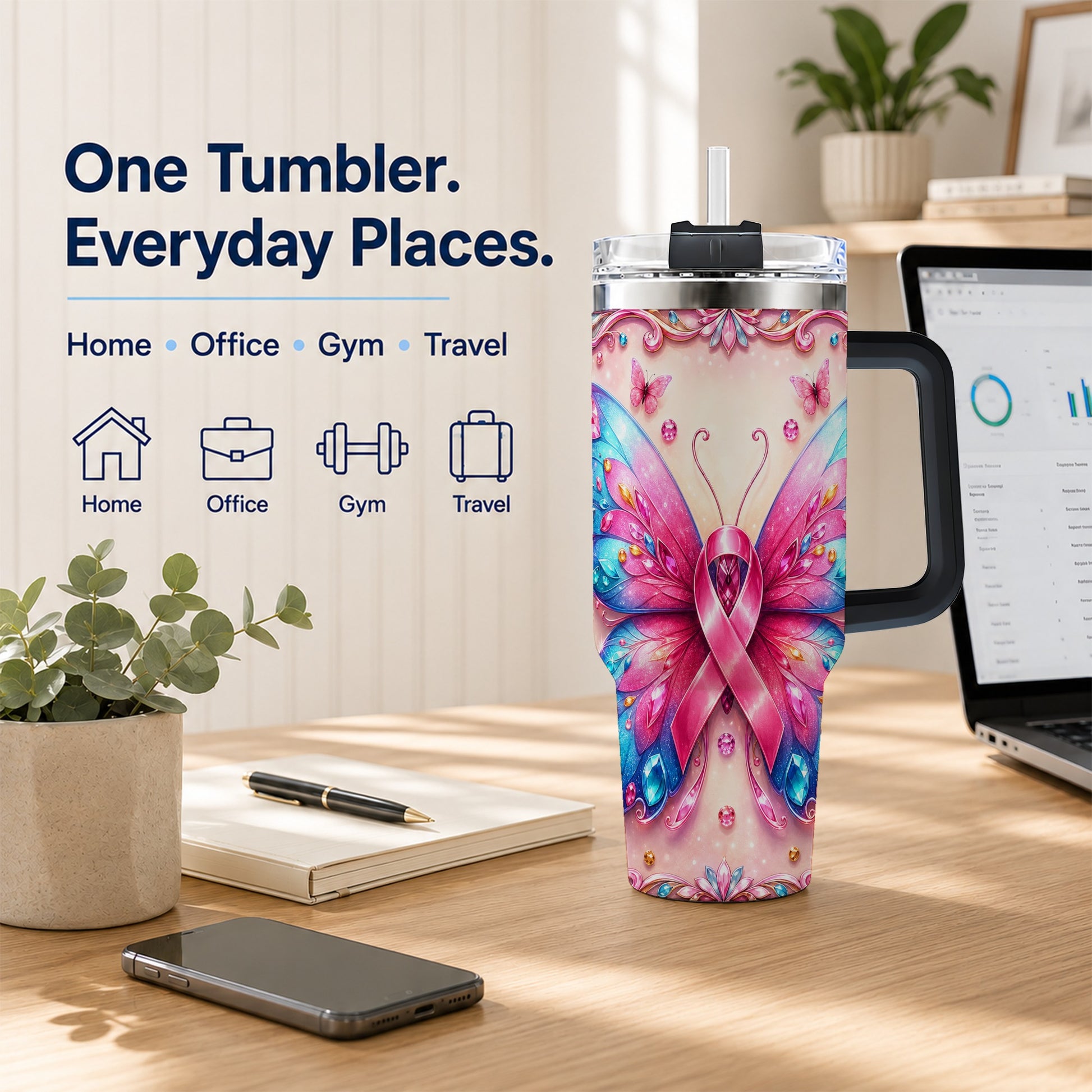 #pl[40oz|Black] Pink Ribbon Butterfly 40oz Tumbler, Stainless Steel Travel Cup
