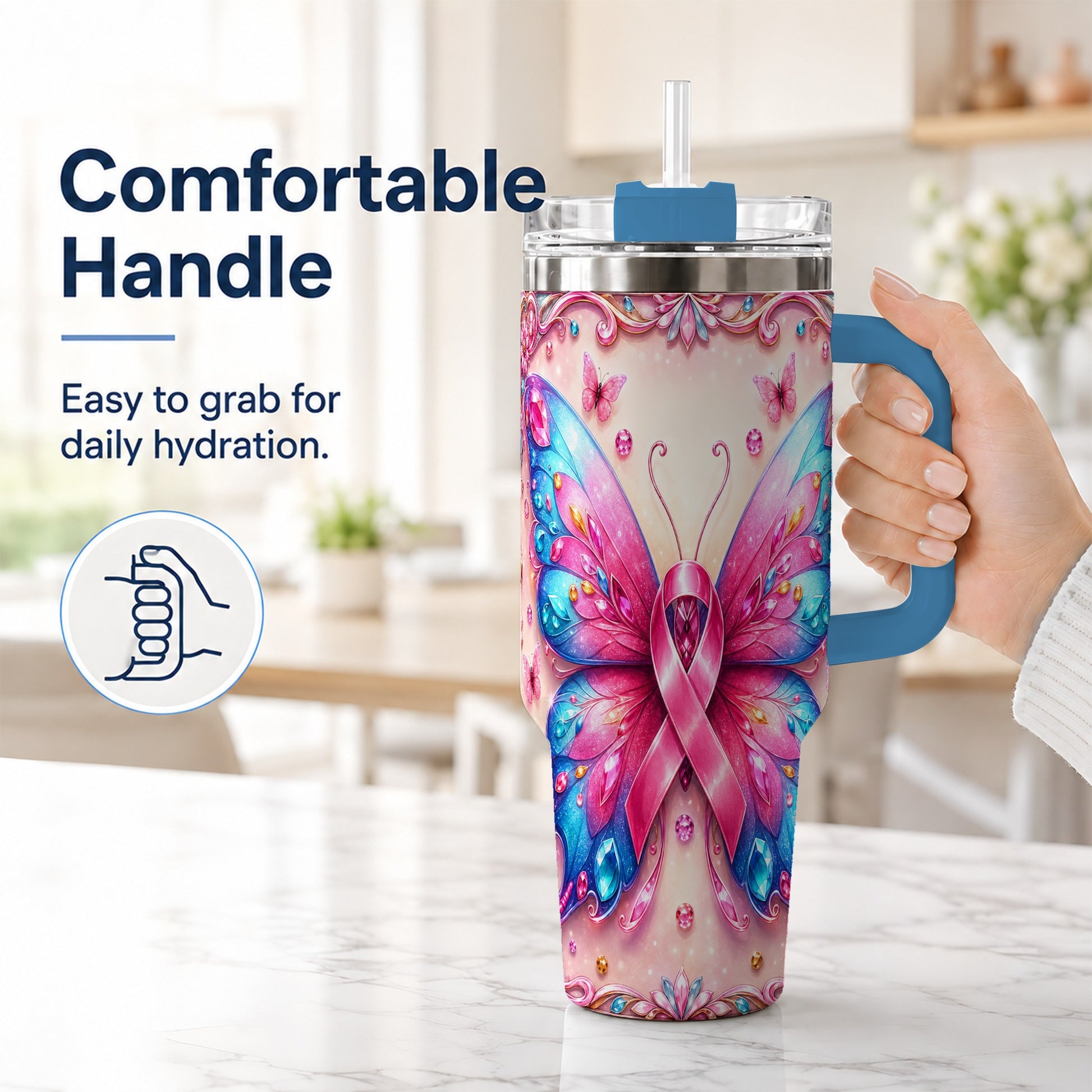 #pl[40oz|Blue] Pink Ribbon Butterfly 40oz Tumbler, Stainless Steel Travel Cup