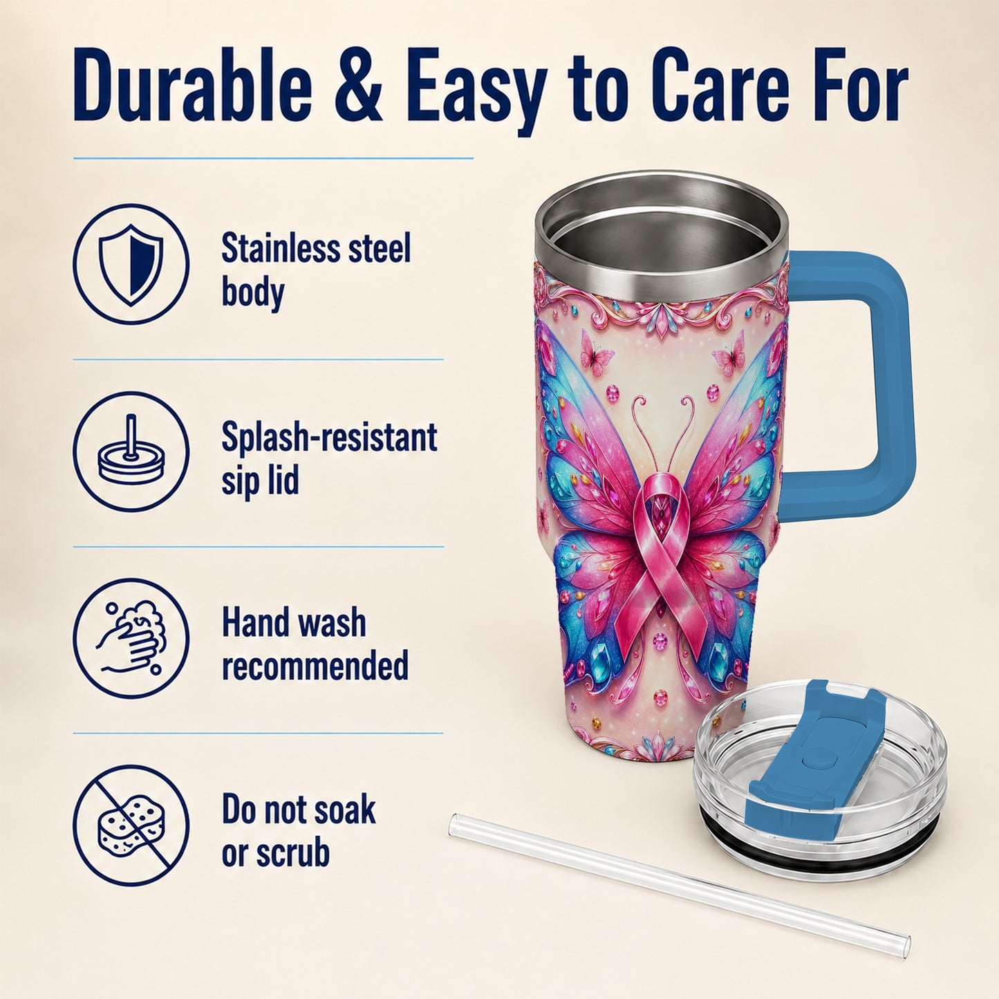 #pl[40oz|Blue] Pink Ribbon Butterfly 40oz Tumbler, Stainless Steel Travel Cup