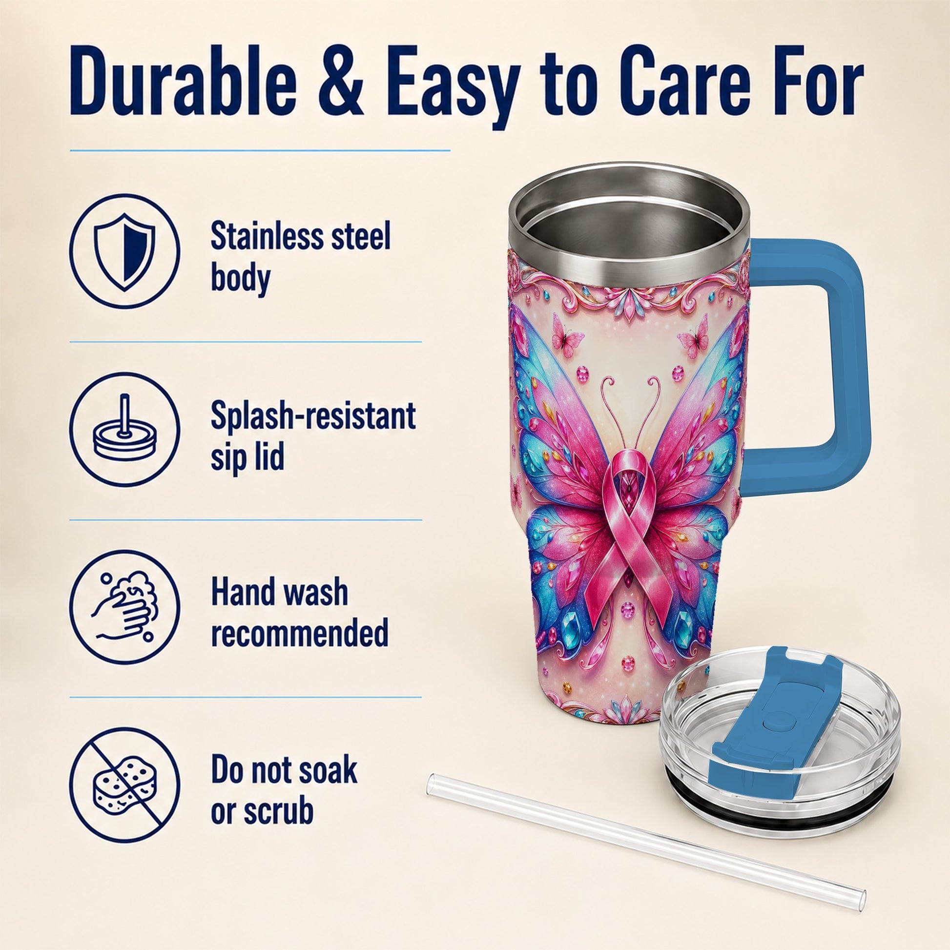 #pl[40oz|Blue] Pink Ribbon Butterfly 40oz Tumbler, Stainless Steel Travel Cup