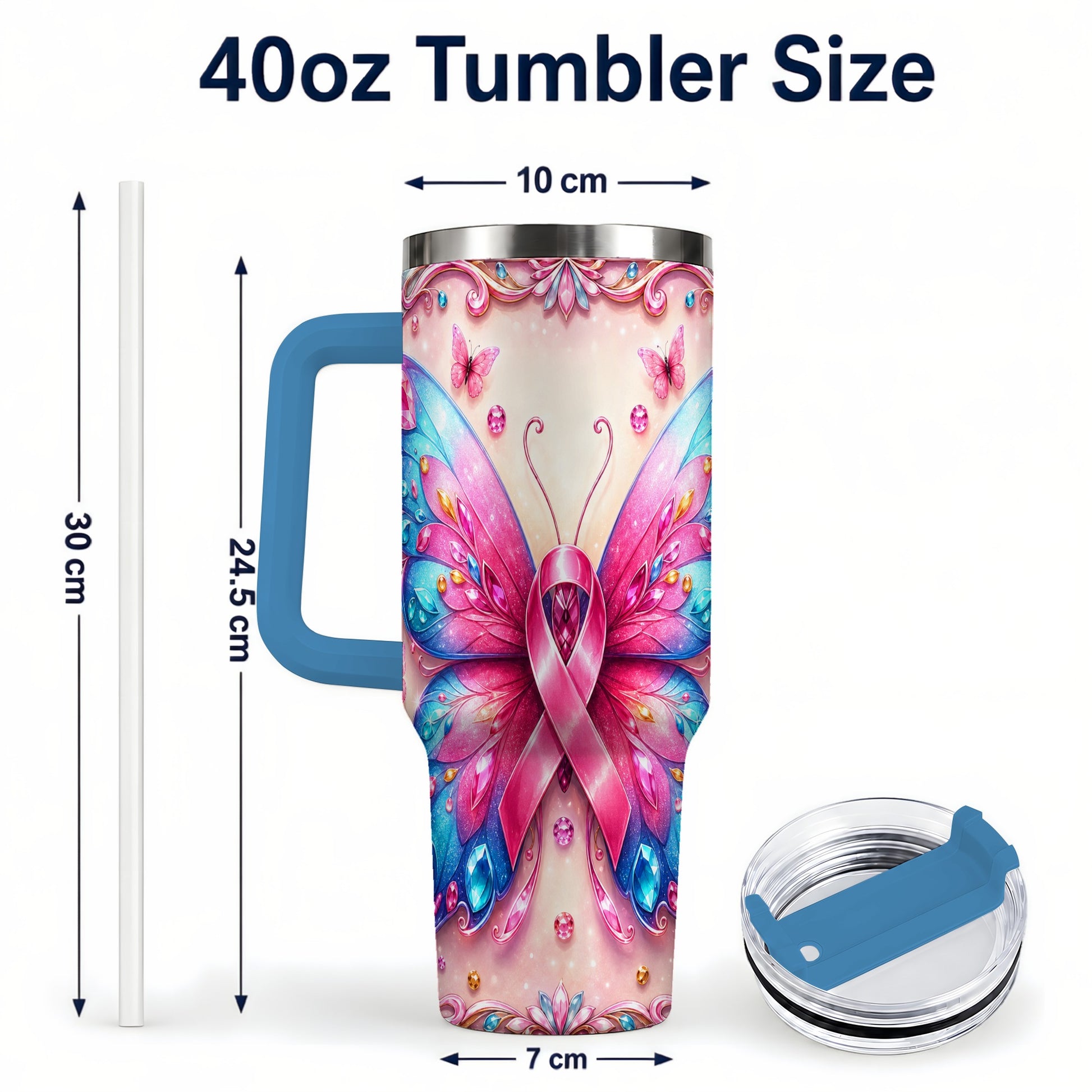#pl[40oz|Blue] Pink Ribbon Butterfly 40oz Tumbler, Stainless Steel Travel Cup