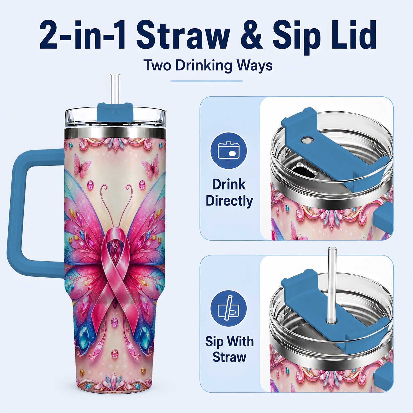 #pl[40oz|Blue] Pink Ribbon Butterfly 40oz Tumbler, Stainless Steel Travel Cup