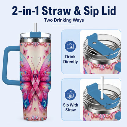 #pl[40oz|Blue] Pink Ribbon Butterfly 40oz Tumbler, Stainless Steel Travel Cup