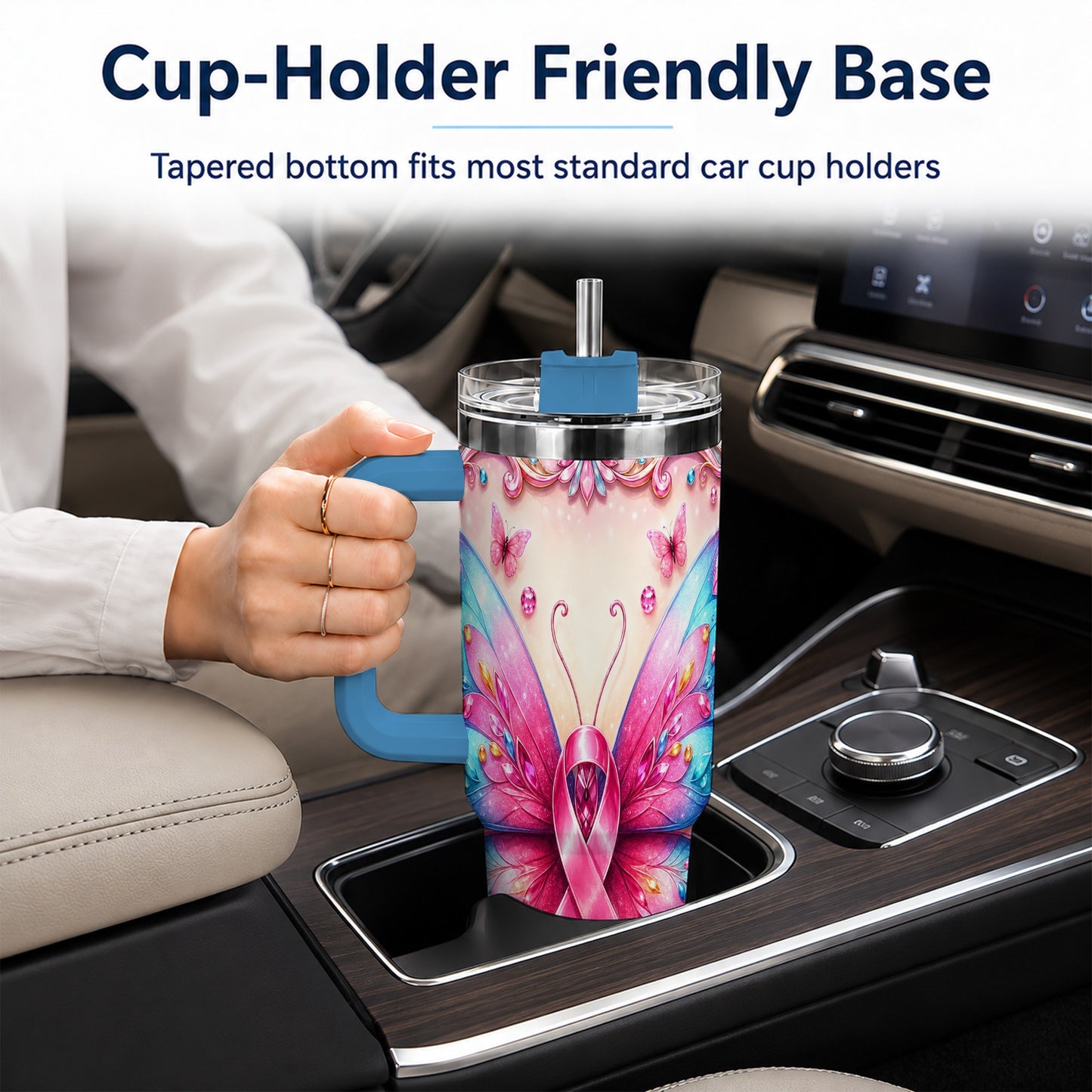 #pl[40oz|Blue] Pink Ribbon Butterfly 40oz Tumbler, Stainless Steel Travel Cup