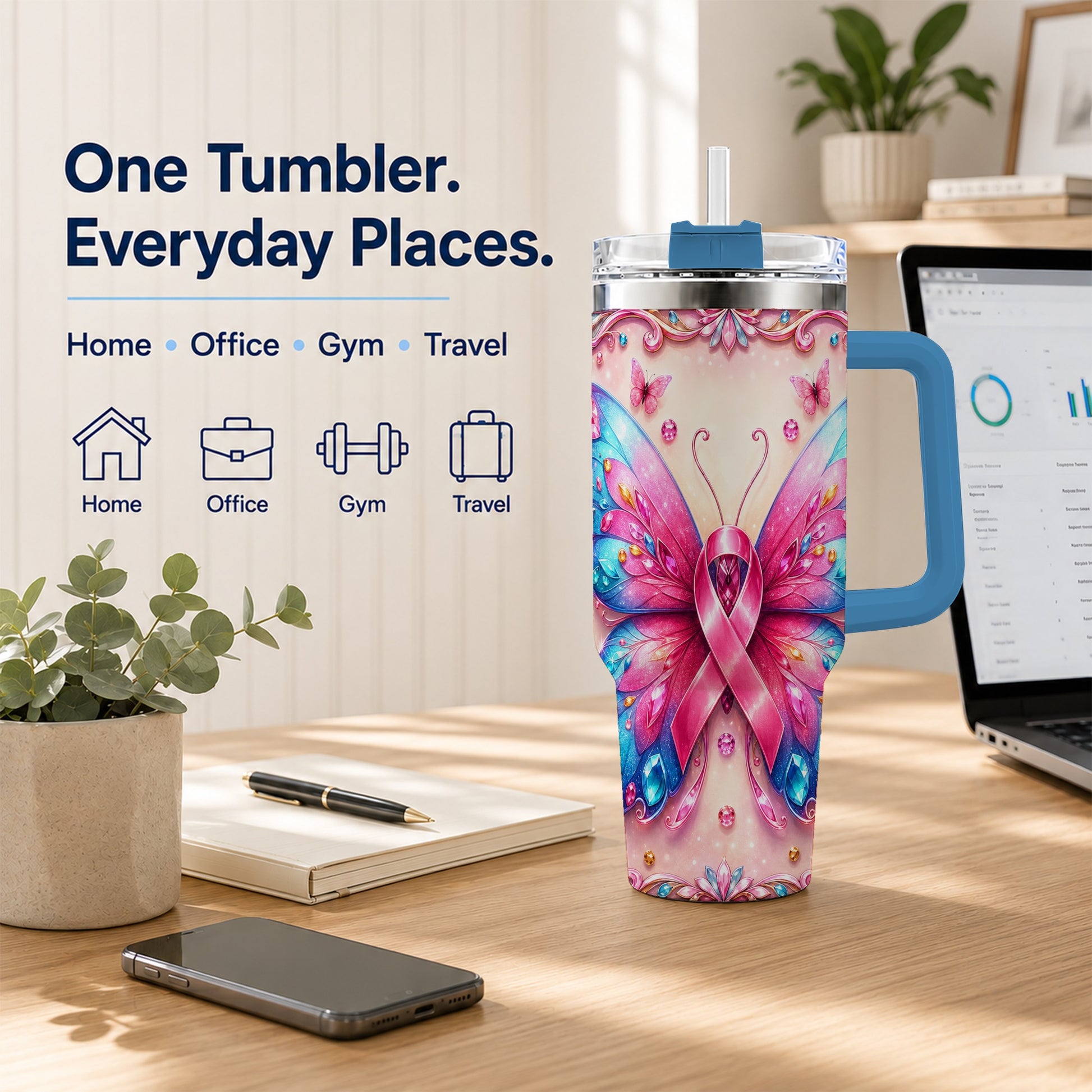 #pl[40oz|Blue] Pink Ribbon Butterfly 40oz Tumbler, Stainless Steel Travel Cup