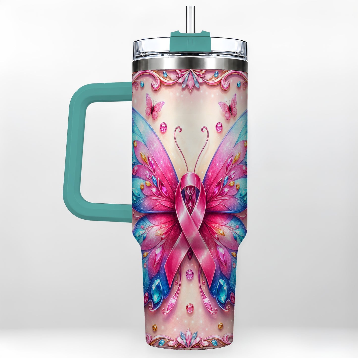 #pl[40oz|Green] Pink Ribbon Butterfly 40oz Tumbler, Stainless Steel Travel Cup
