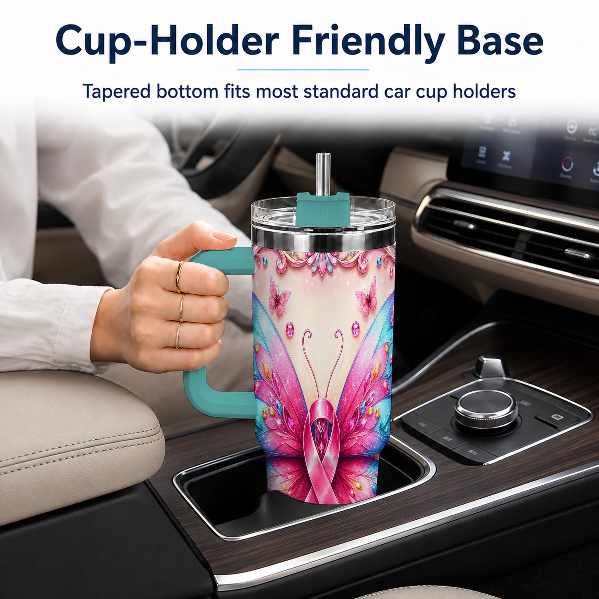 #pl[40oz|Green] Pink Ribbon Butterfly 40oz Tumbler, Stainless Steel Travel Cup