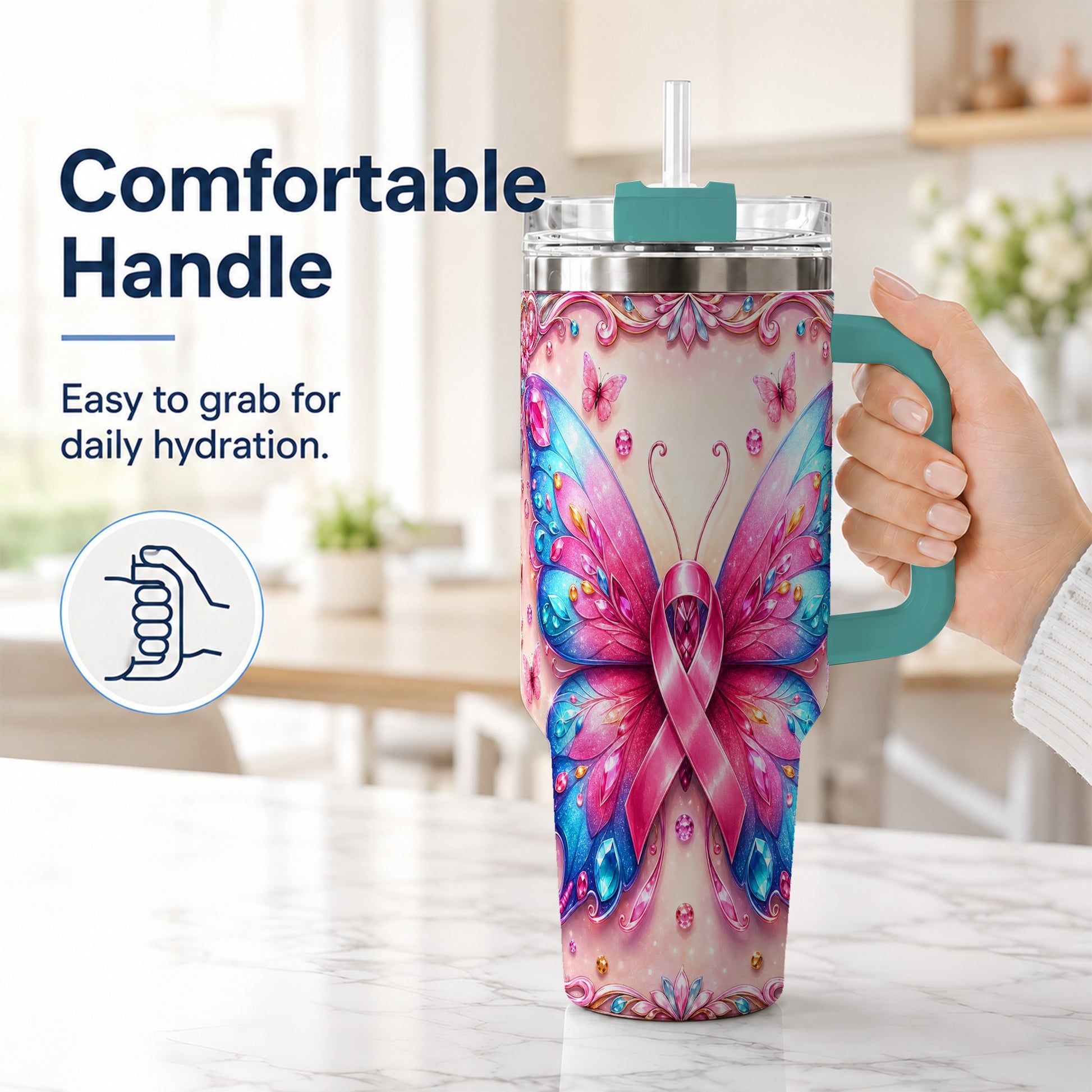 #pl[40oz|Green] Pink Ribbon Butterfly 40oz Tumbler, Stainless Steel Travel Cup