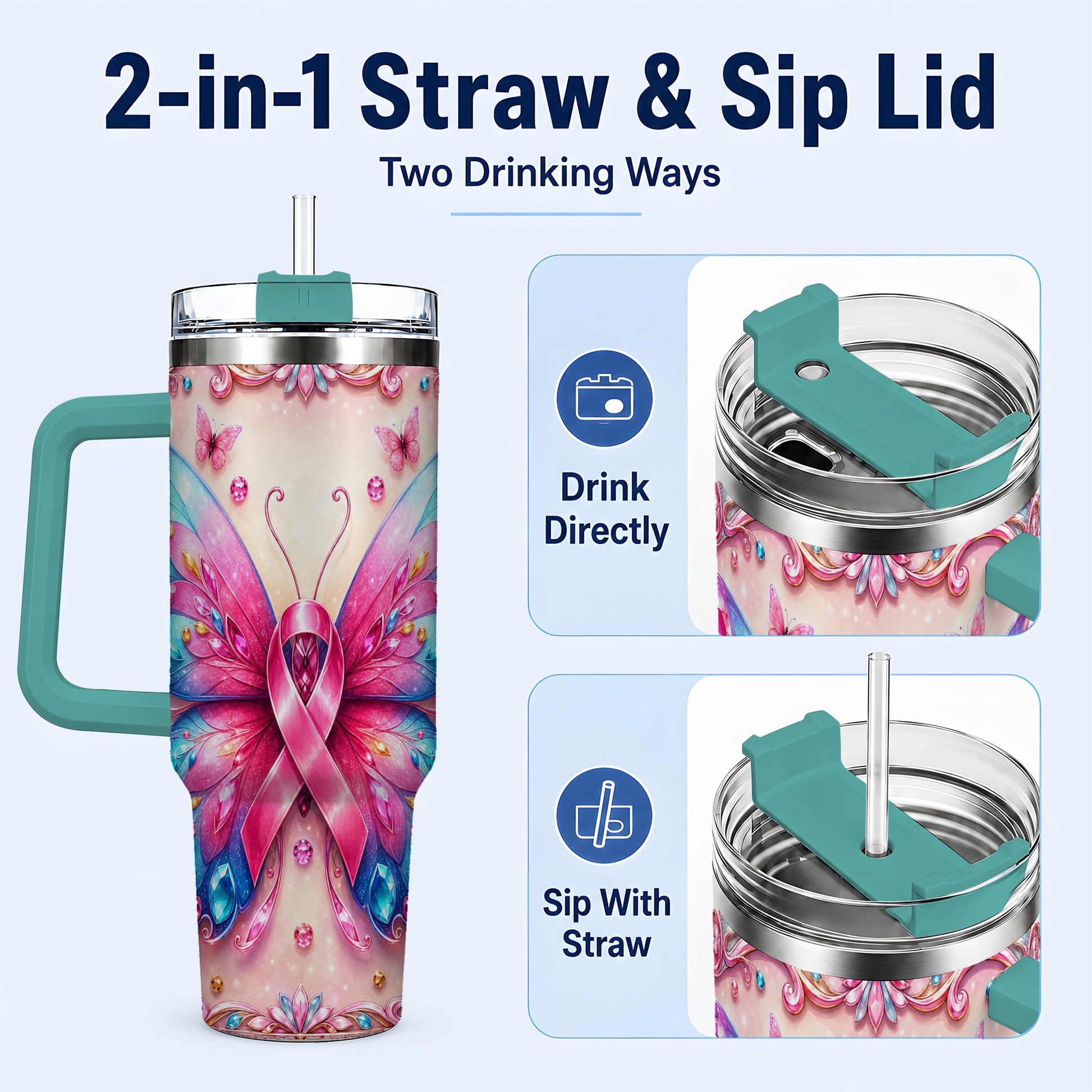 #pl[40oz|Green] Pink Ribbon Butterfly 40oz Tumbler, Stainless Steel Travel Cup