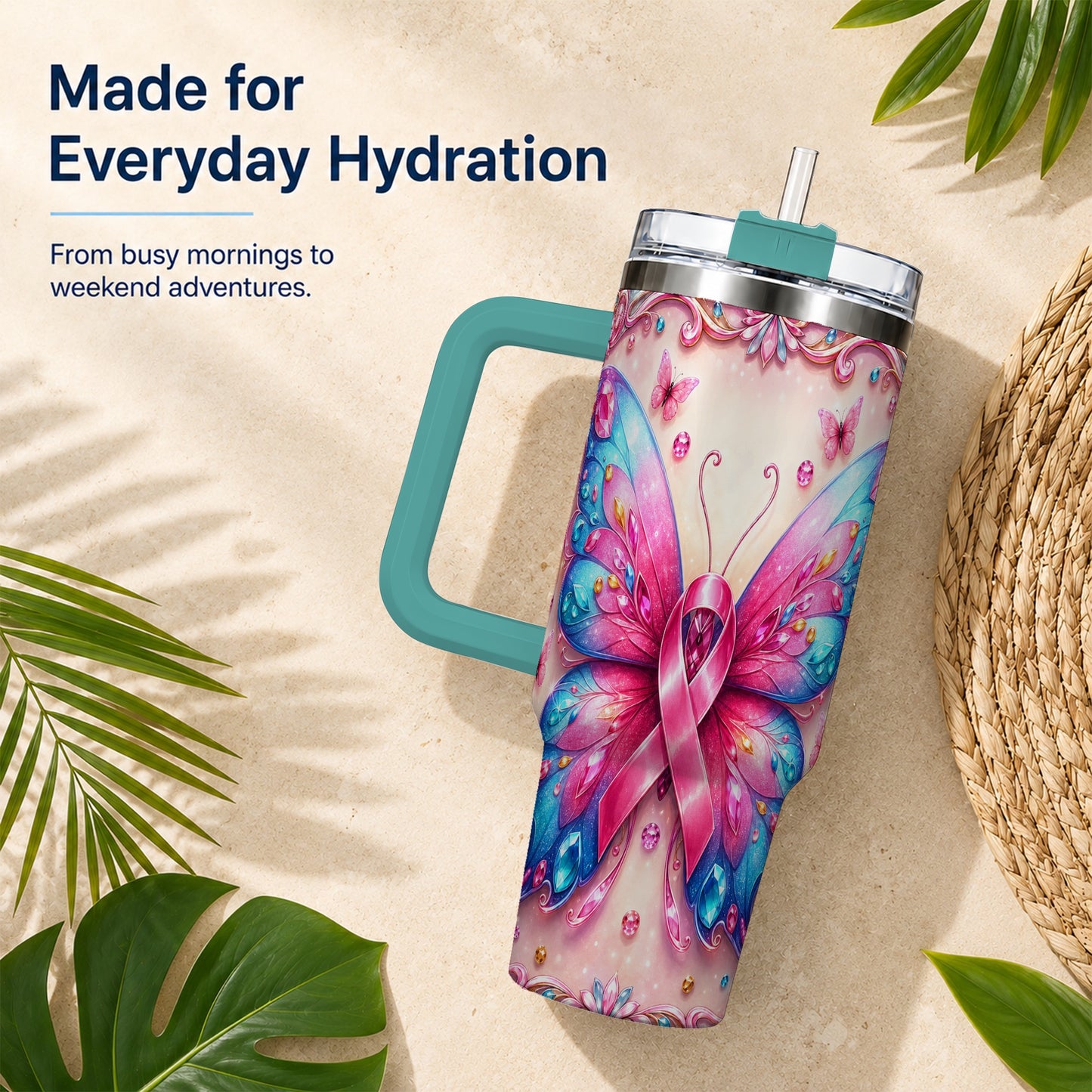 #pl[40oz|Green] Pink Ribbon Butterfly 40oz Tumbler, Stainless Steel Travel Cup