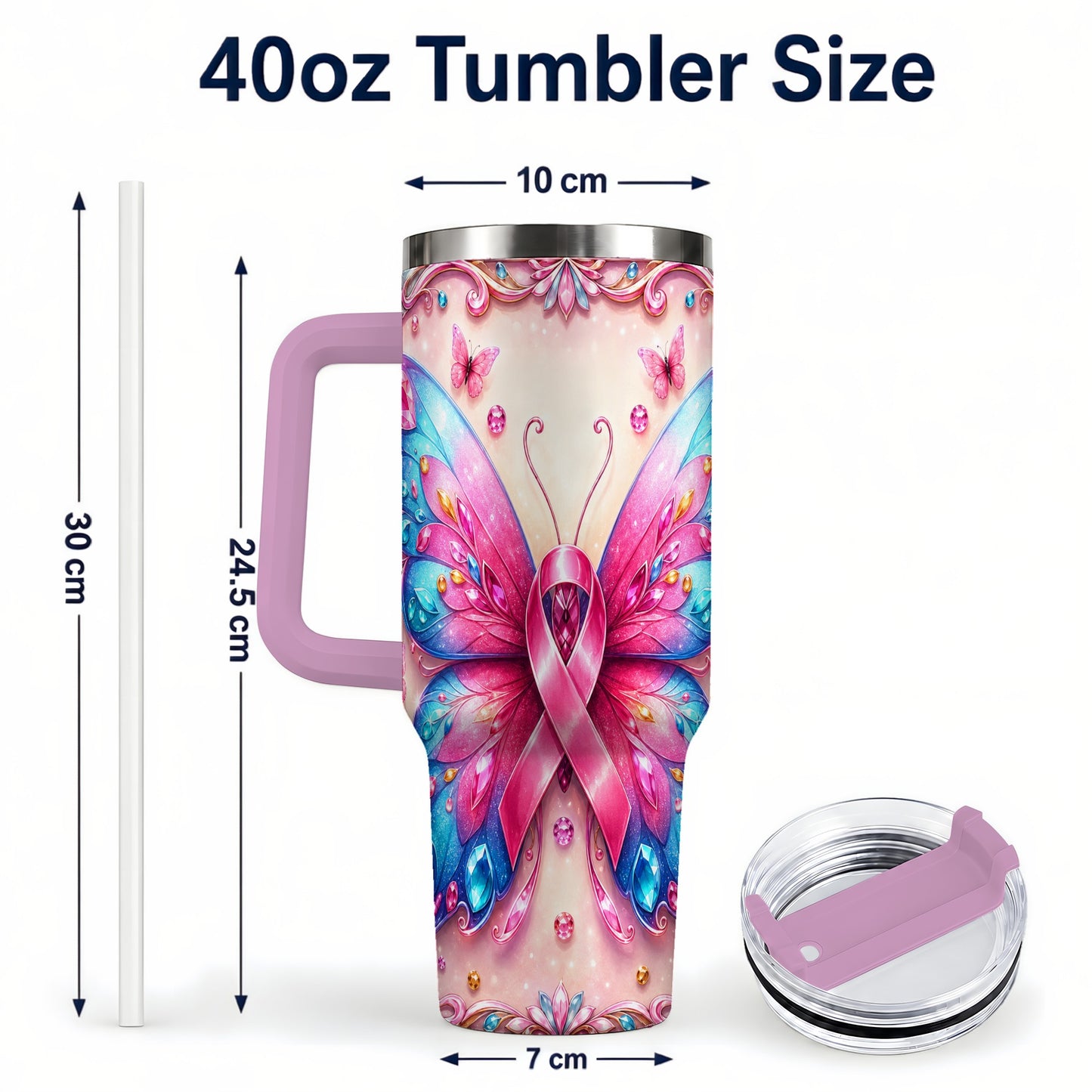 #pl[40oz|Pink] Pink Ribbon Butterfly 40oz Tumbler, Stainless Steel Travel Cup