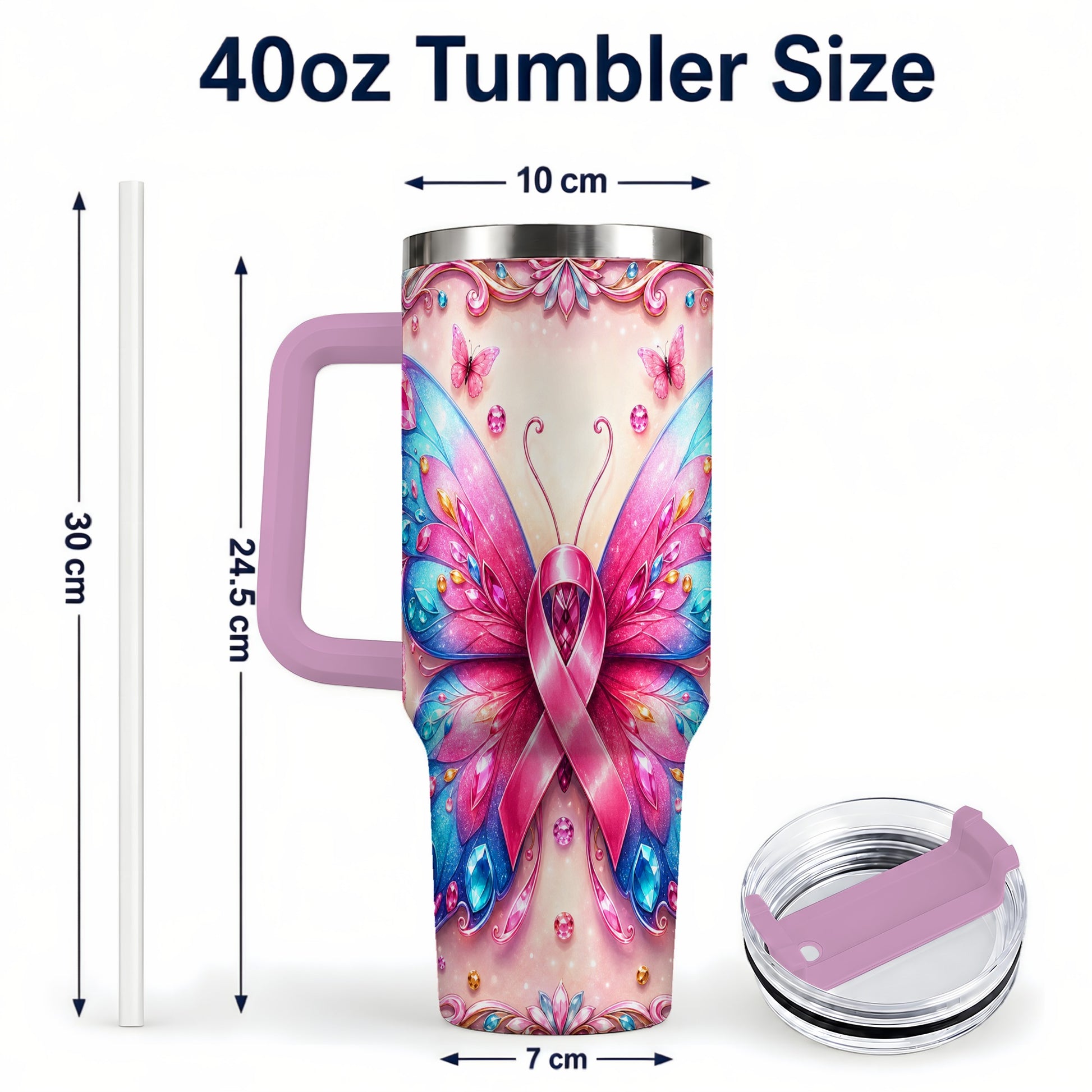 #pl[40oz|Pink] Pink Ribbon Butterfly 40oz Tumbler, Stainless Steel Travel Cup