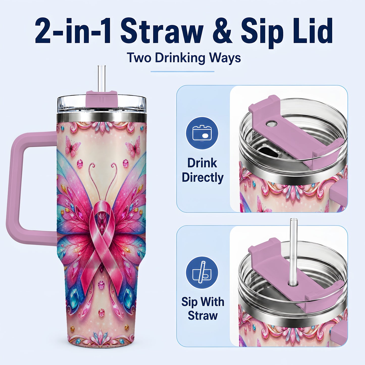 #pl[40oz|Pink] Pink Ribbon Butterfly 40oz Tumbler, Stainless Steel Travel Cup
