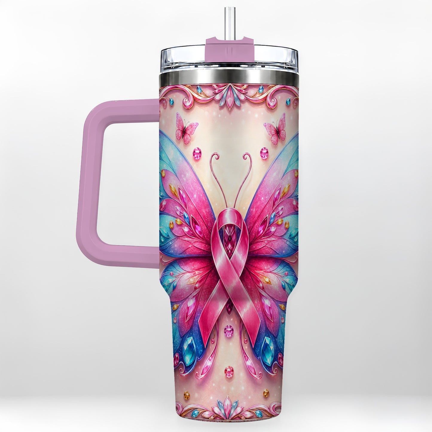 #pl[40oz|Pink] Pink Ribbon Butterfly 40oz Tumbler, Stainless Steel Travel Cup