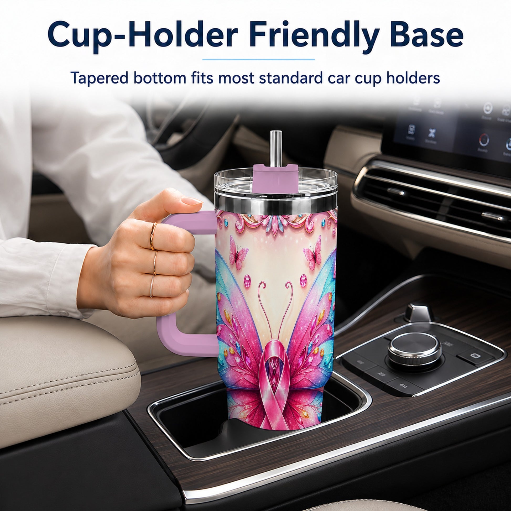 #pl[40oz|Pink] Pink Ribbon Butterfly 40oz Tumbler, Stainless Steel Travel Cup