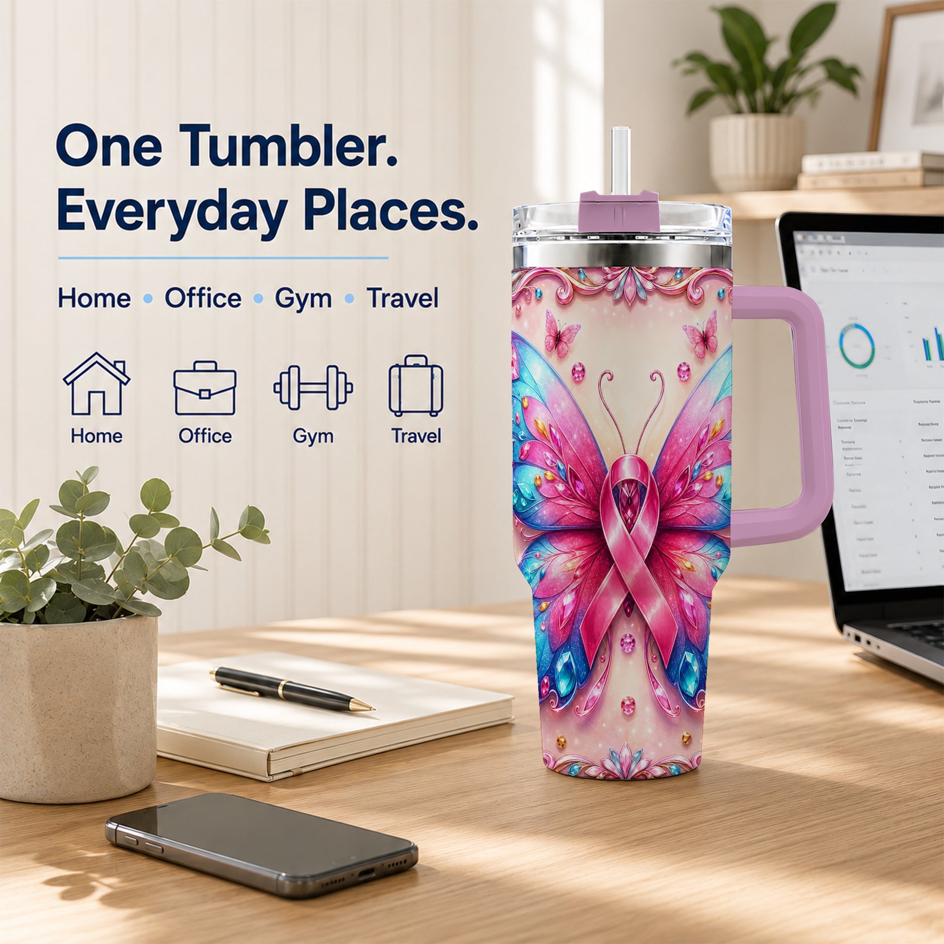 #pl[40oz|Pink] Pink Ribbon Butterfly 40oz Tumbler, Stainless Steel Travel Cup